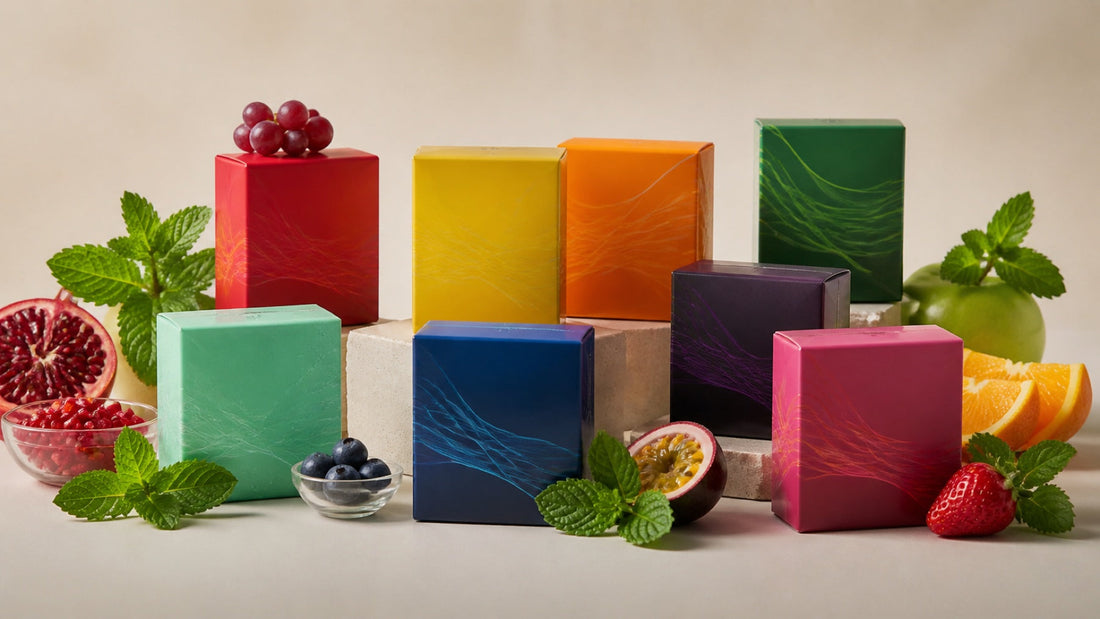 Sealed flavour packages with fruit and mint cues