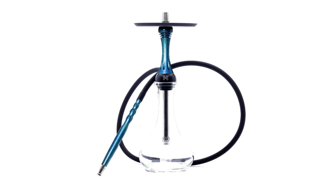 Blue Alpha Model X hookah with glass base and hose