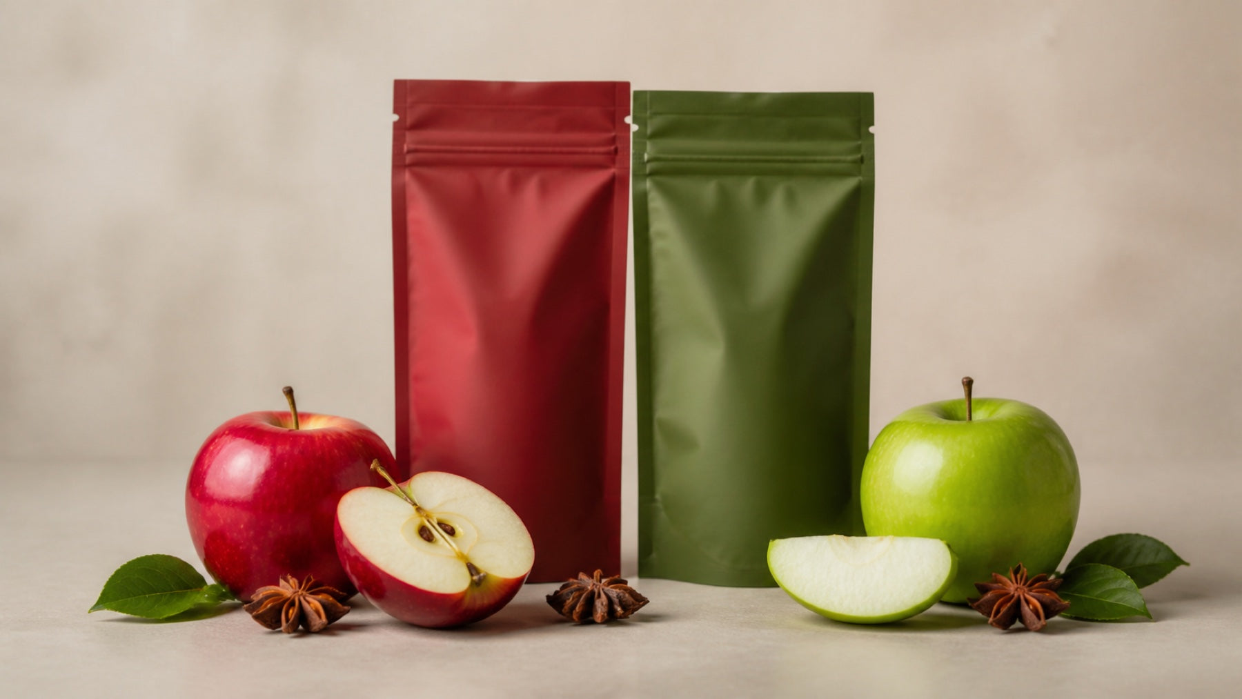 Red and green apples with star anise beside sealed products