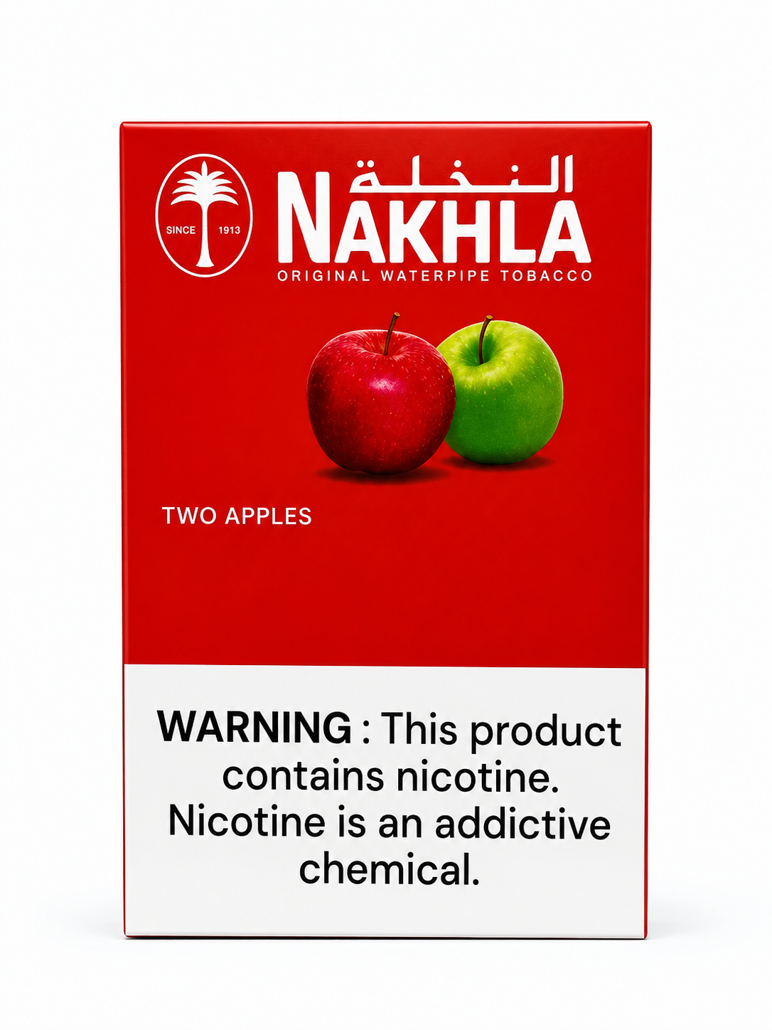 Red Nakhla Two Apples waterpipe tobacco package with red and green apples and a nicotine warning