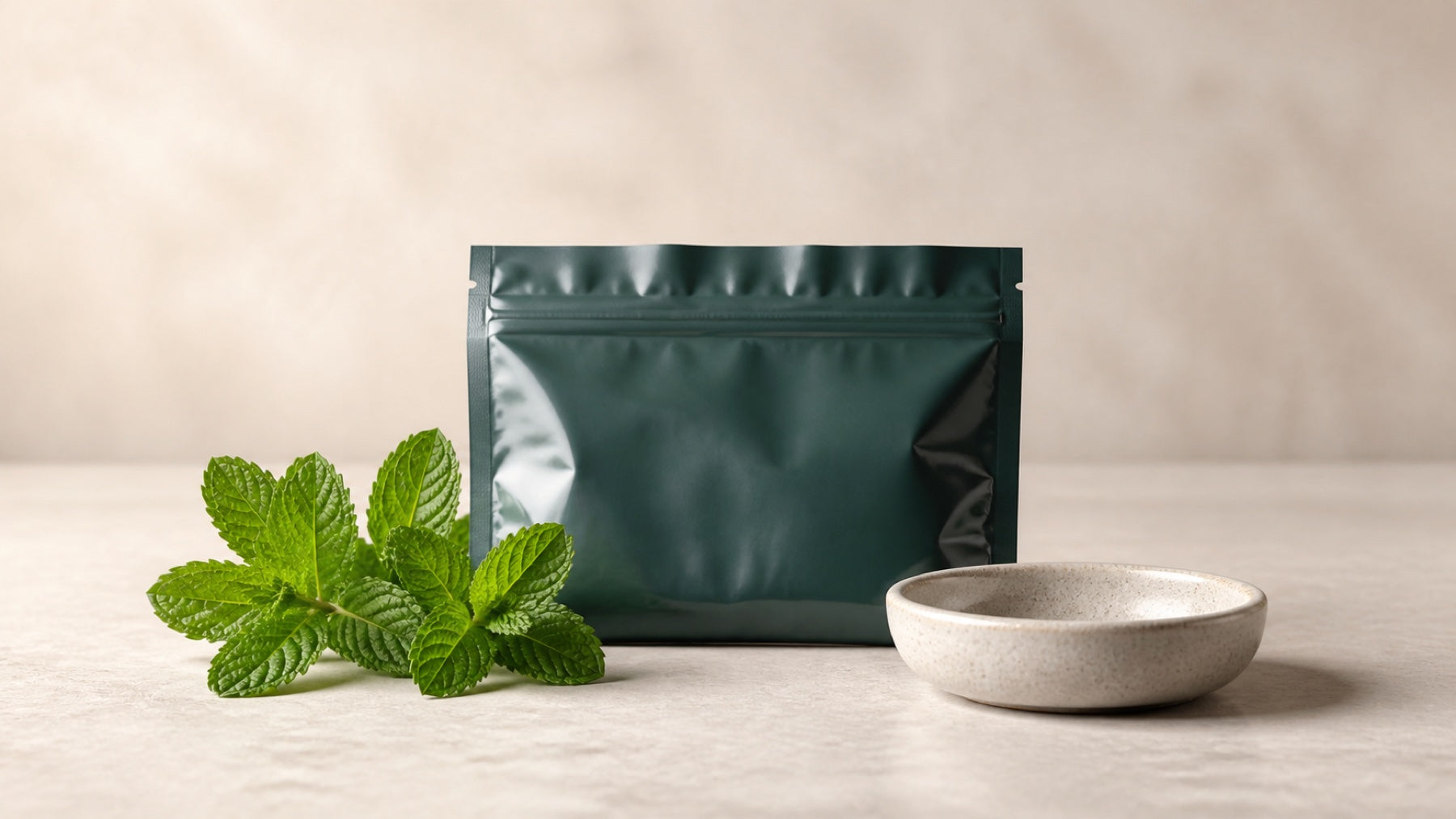Mint leaves beside sealed tobacco packaging and a neutral bowl