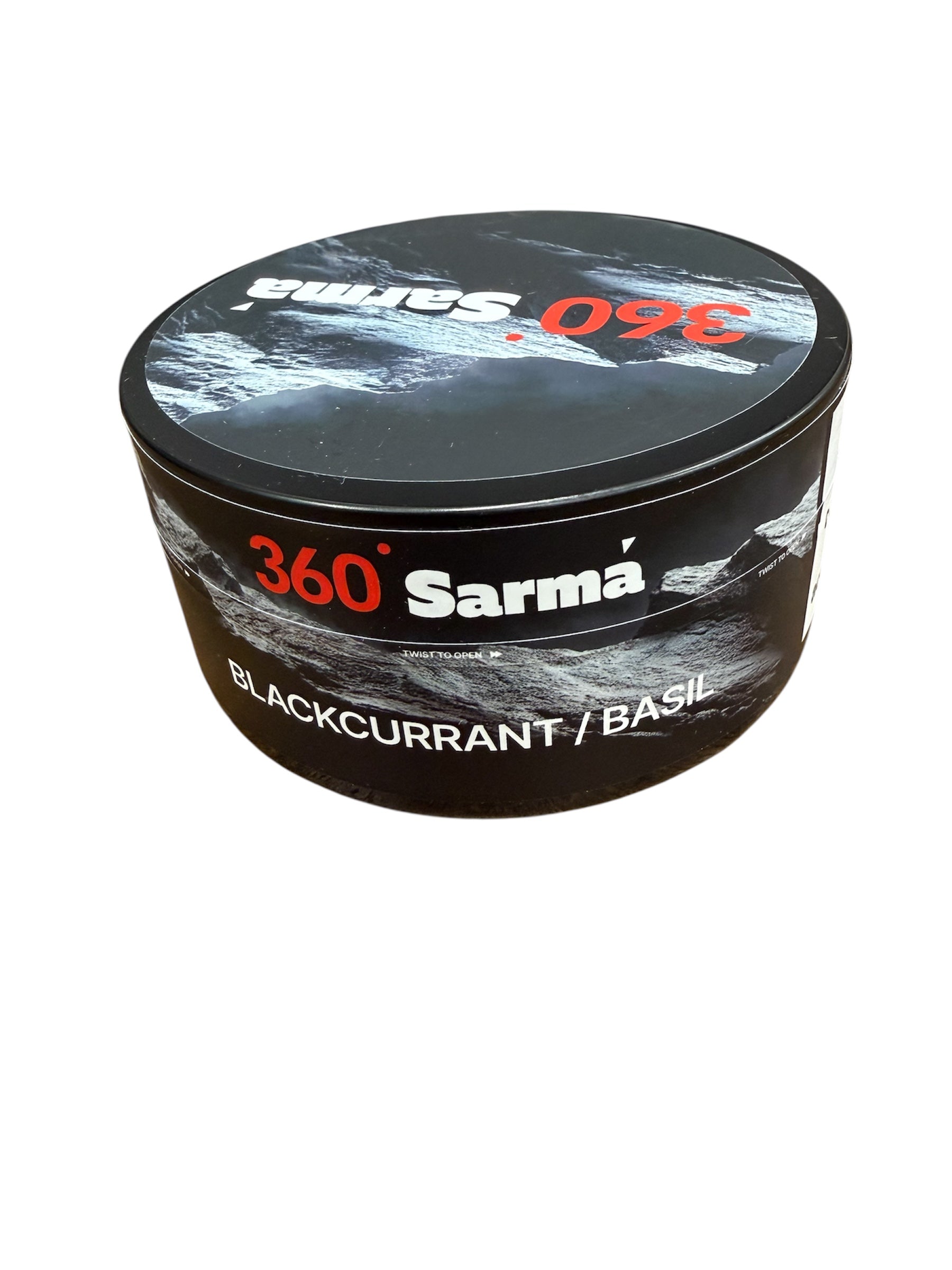 360 Sarma Blackcurrant Basil hookah tobacco can with black label on a white background