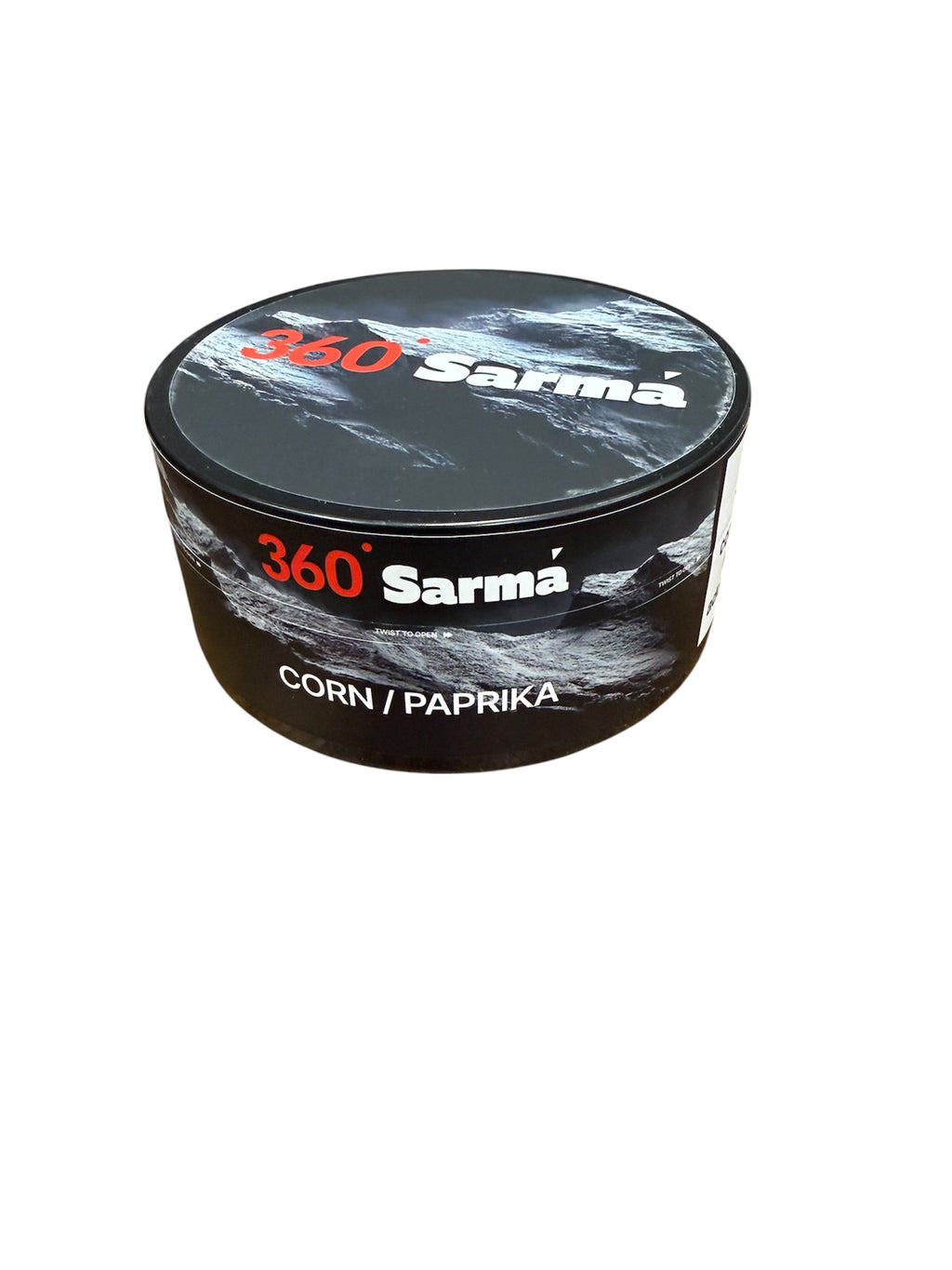 360 Sarma corn paprika hookah tobacco can on a white background