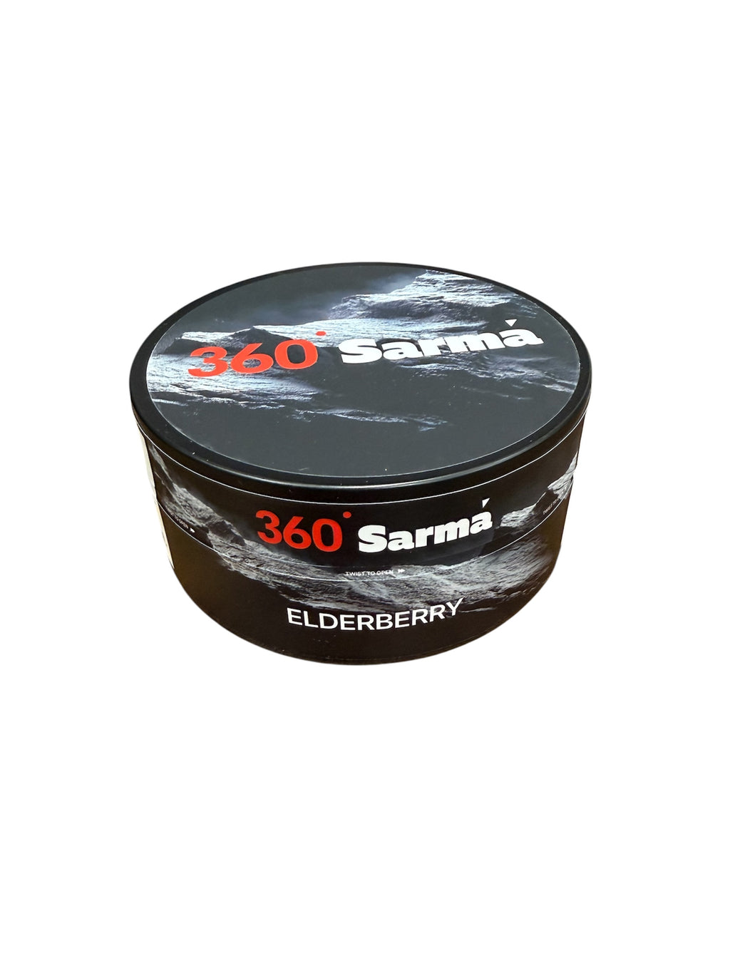 360 Sarma elderberry hookah tobacco can on a white background