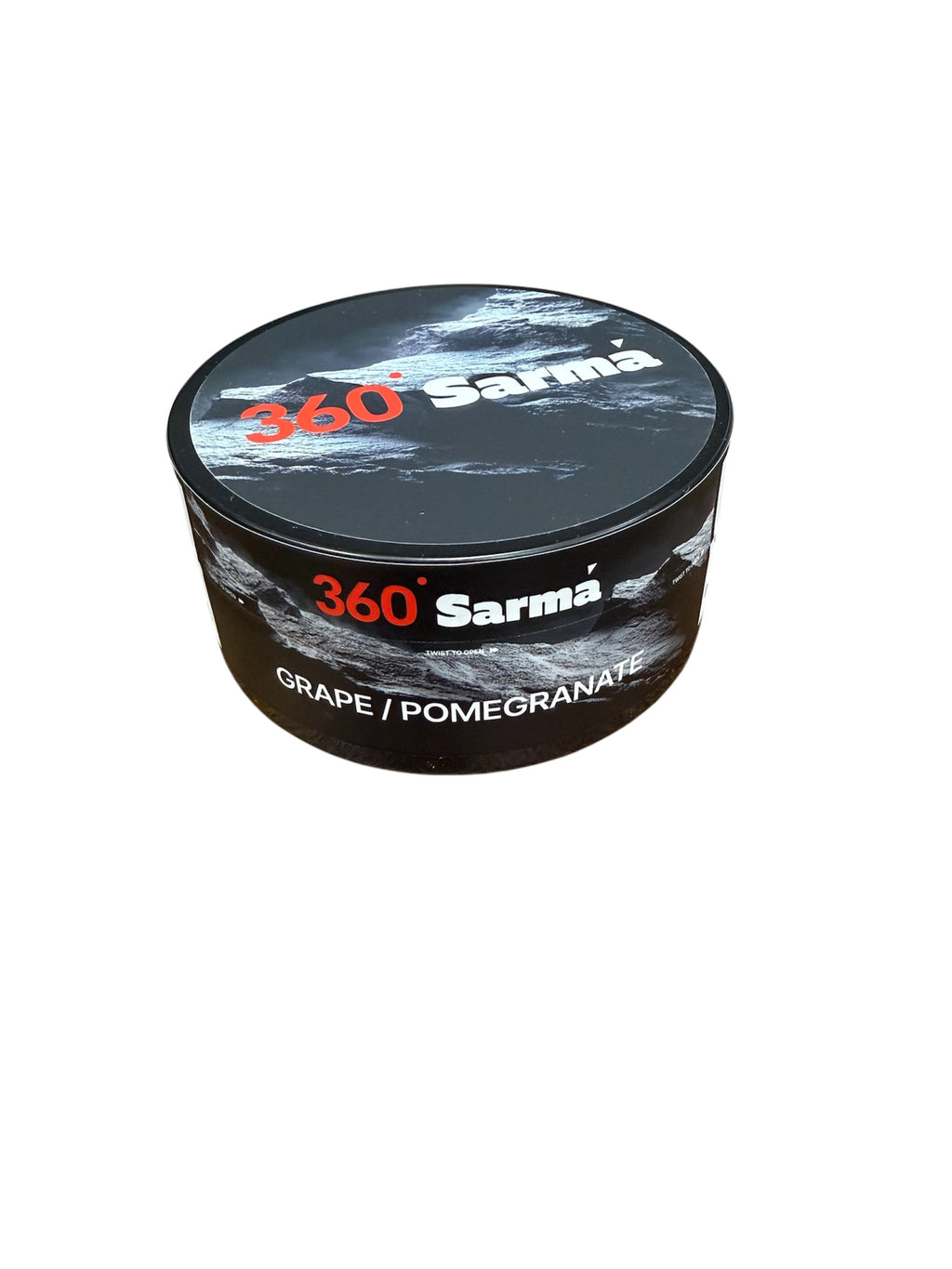 360 Sarma grape pomegranate hookah tobacco can on a white background