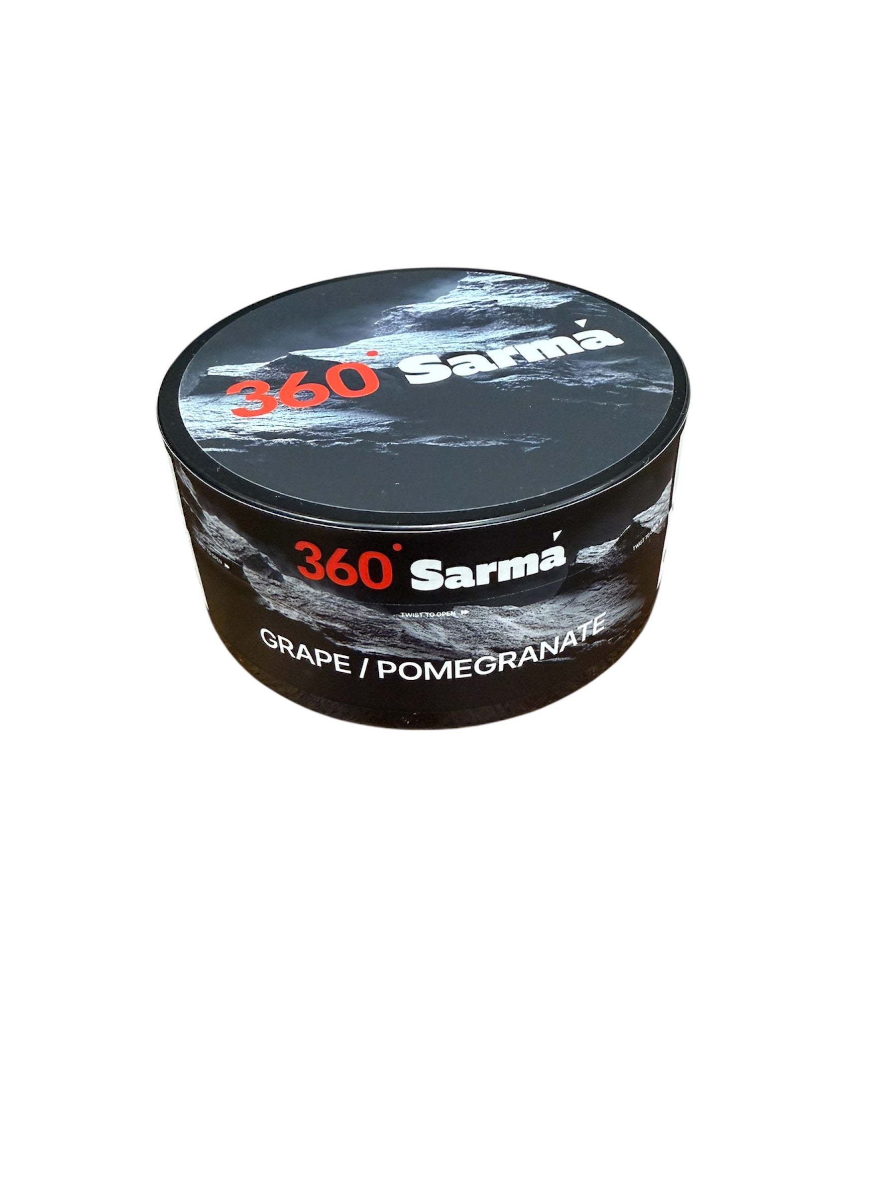 360 Sarma grape pomegranate hookah tobacco can on a white background