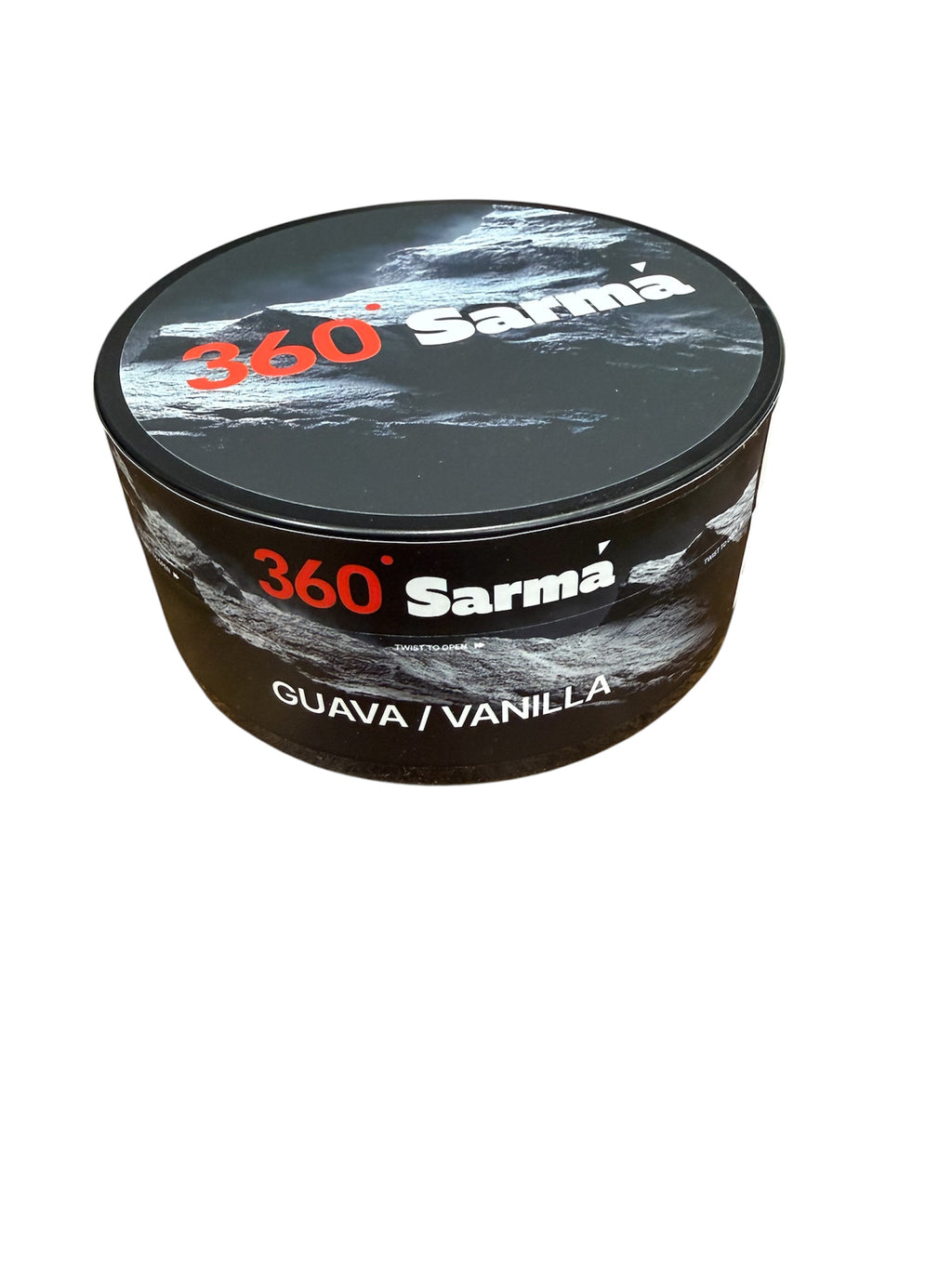 360 Sarma guava vanilla hookah tobacco can on a white background