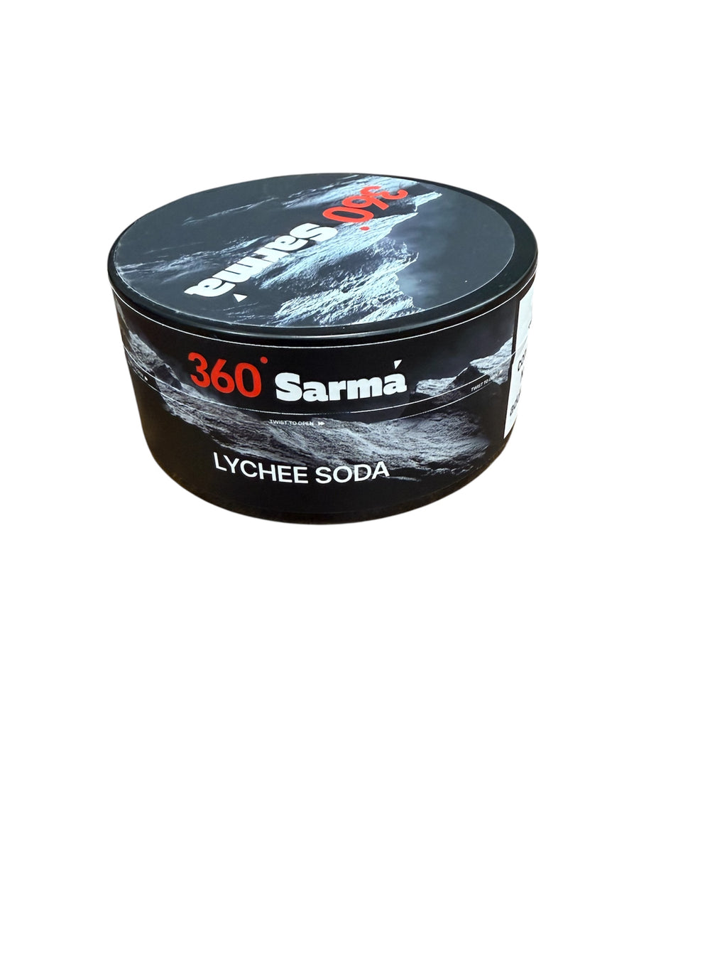 360 Sarma Lychee Soda hookah tobacco can with black label on a white background