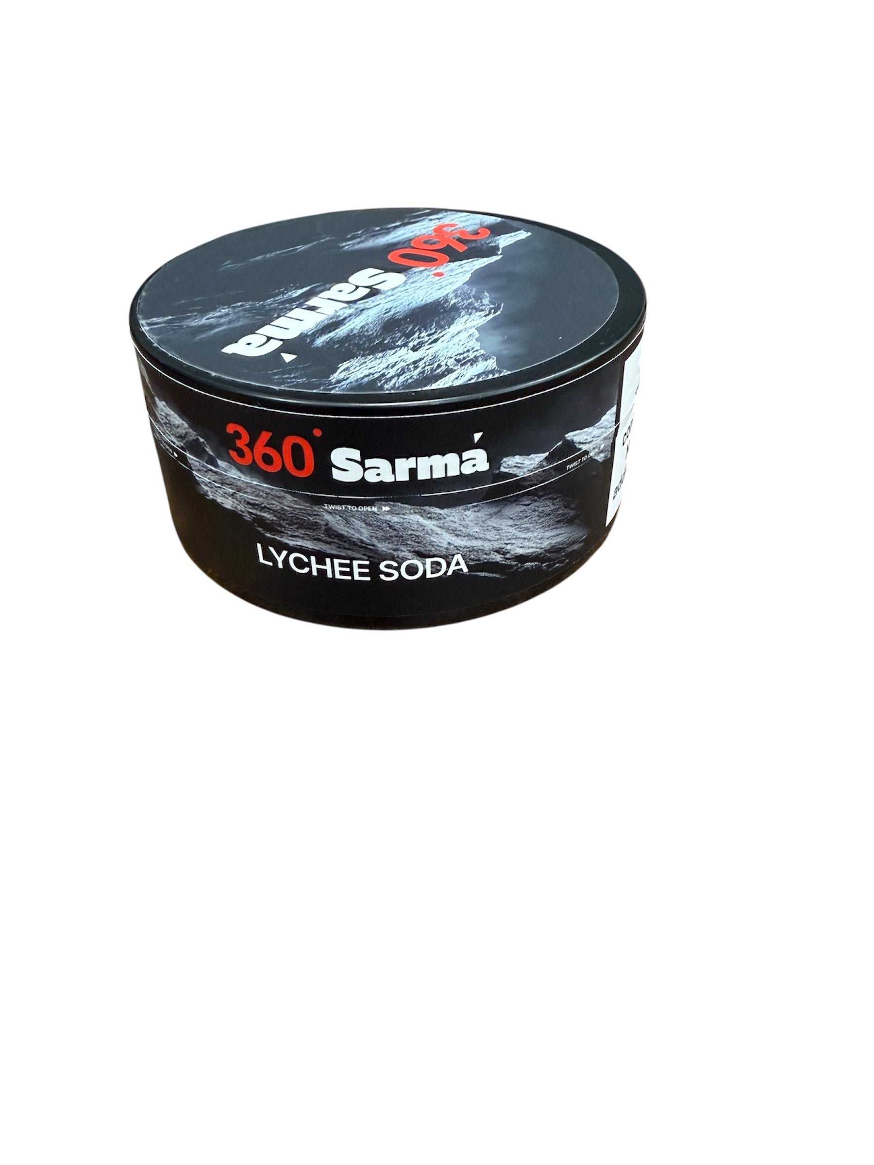 360 Sarma Lychee Soda hookah tobacco can with black label on a white background