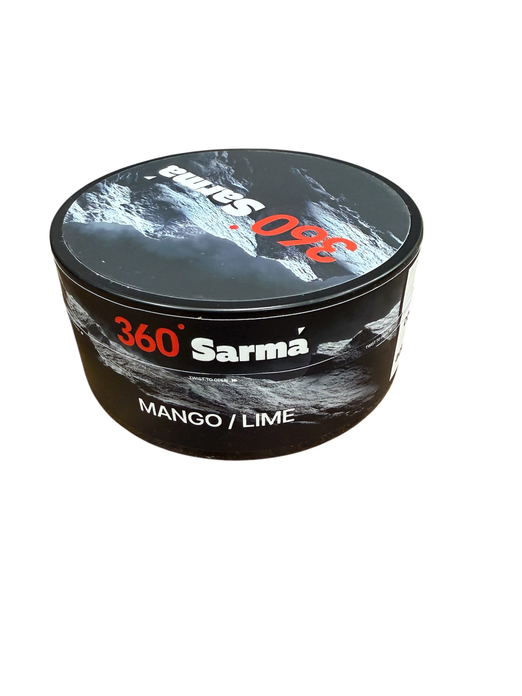 360 Sarma mango lime hookah tobacco can on a white background