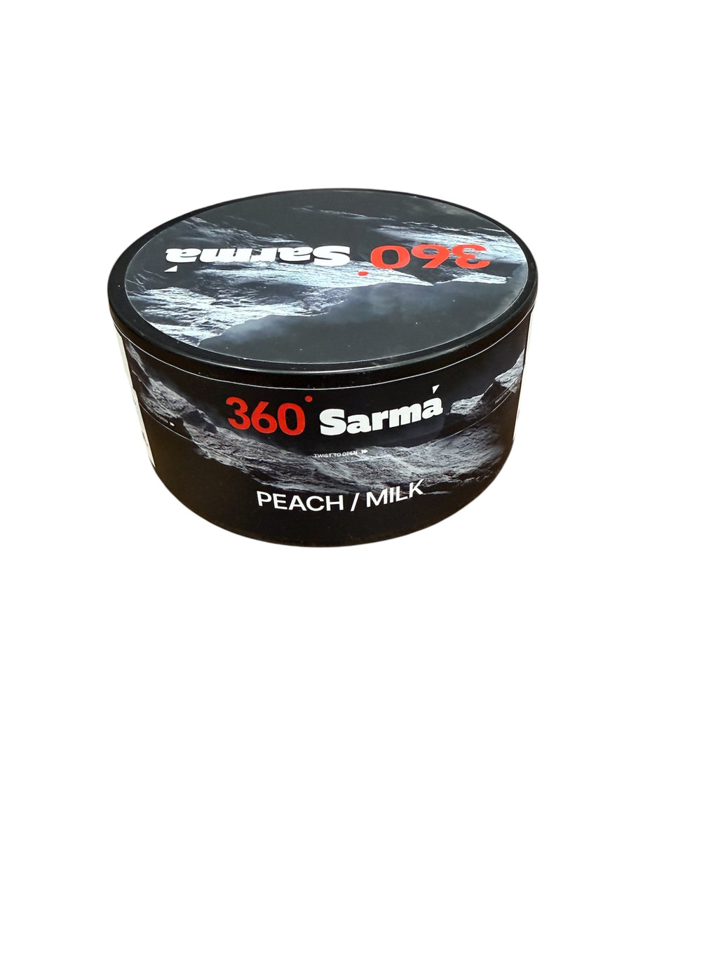 360 Sarma peach milk hookah tobacco can on a white background
