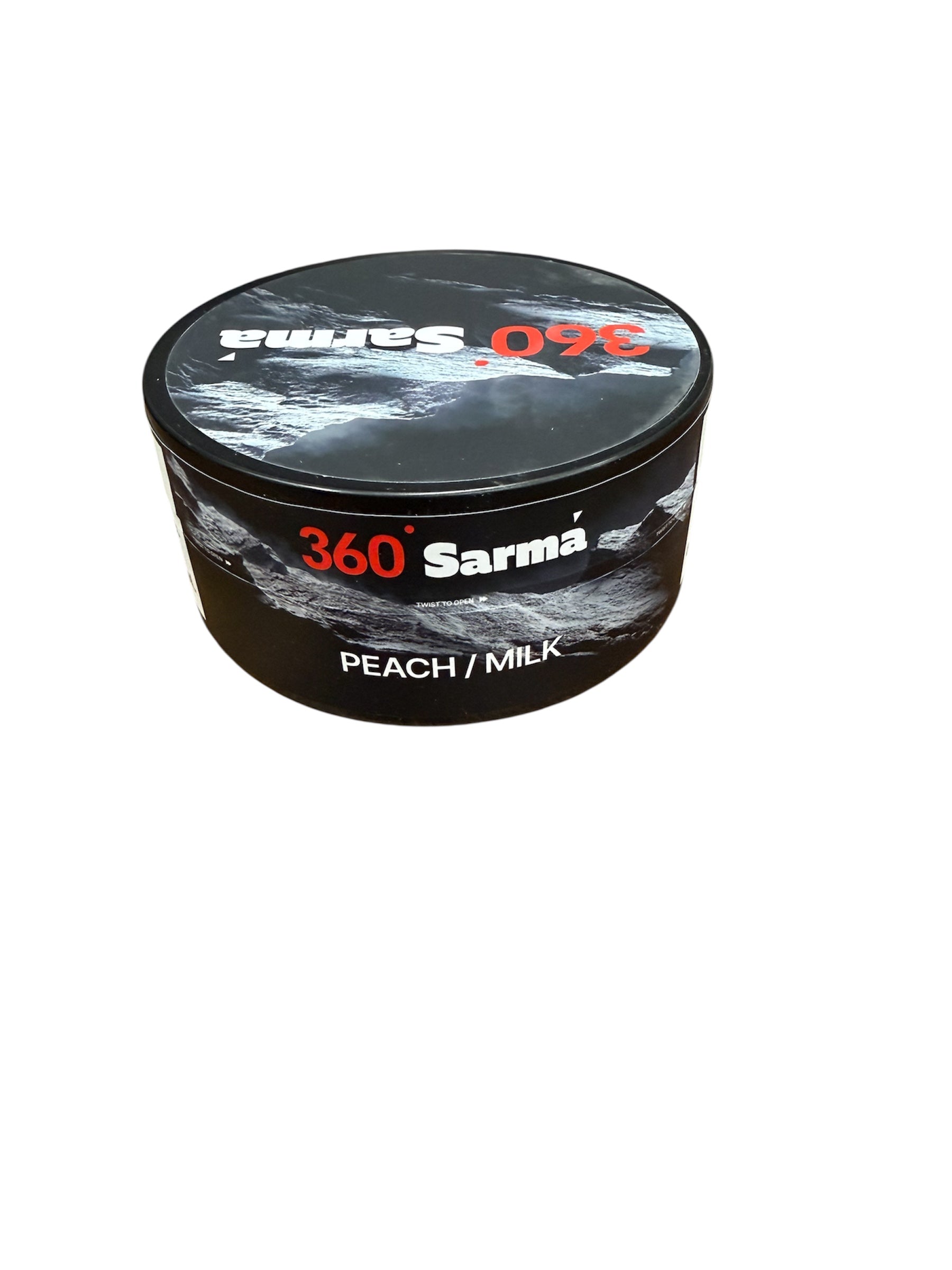 360 Sarma peach milk hookah tobacco can on a white background