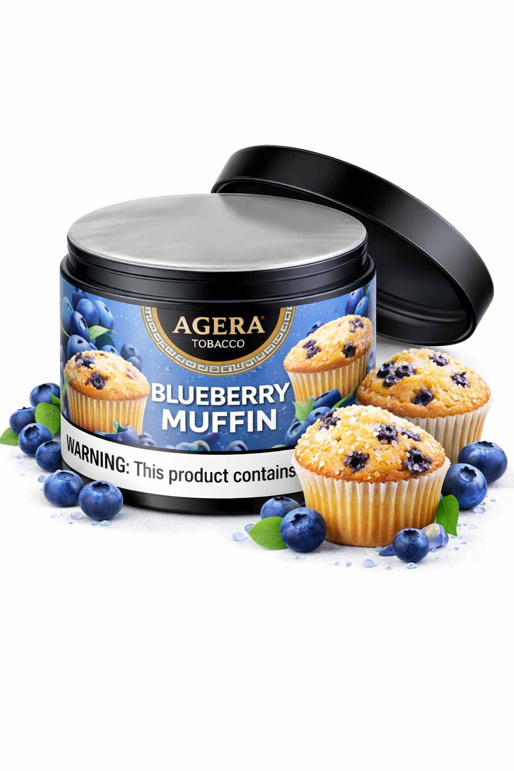 Agera Blueberry Muffin hookah tobacco 250g container with blueberry muffins and fresh blueberries