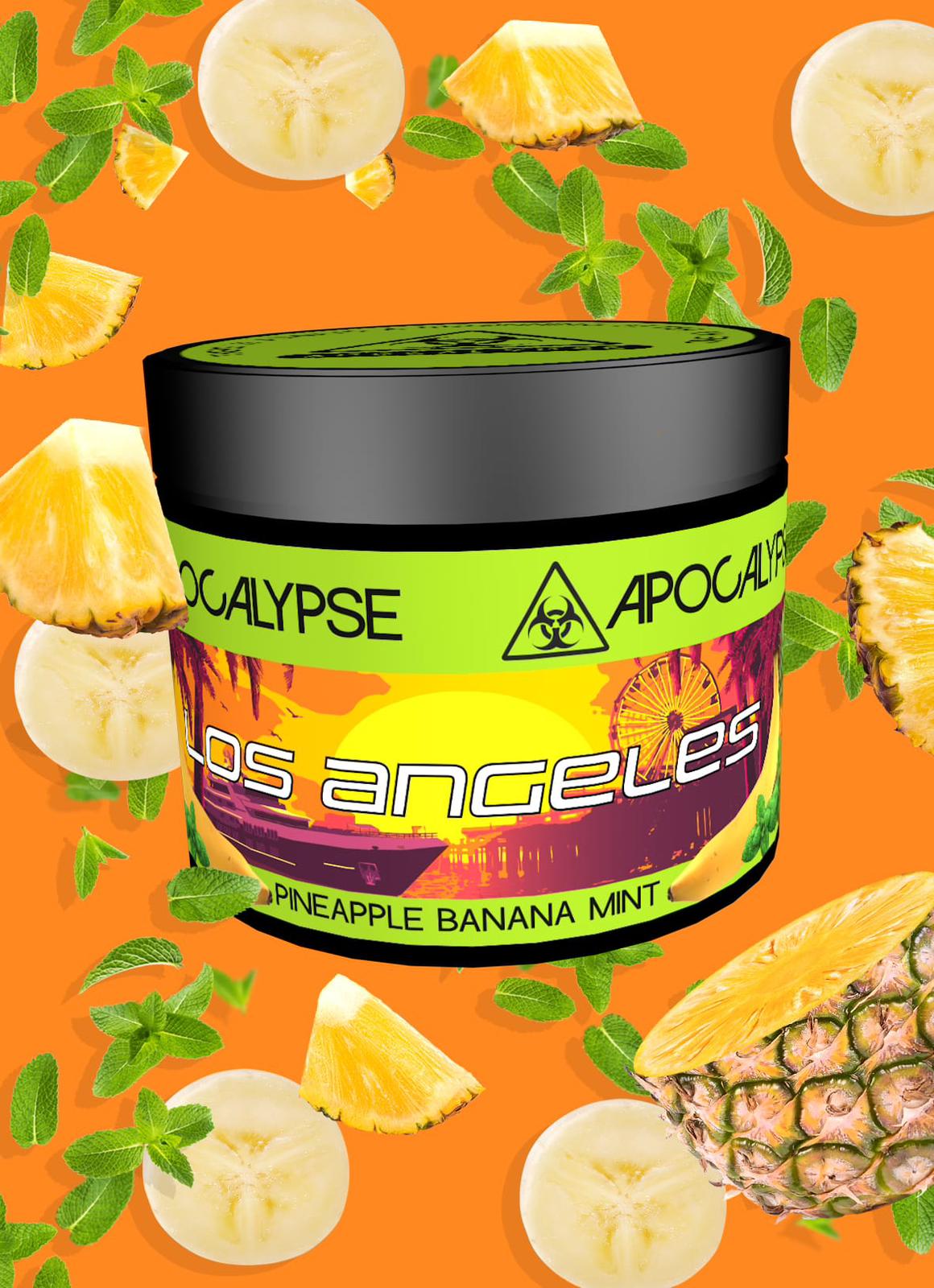 Apocalypse Los Angeles Pineapple Banana Mint hookah shisha tobacco available at HookahJunkie