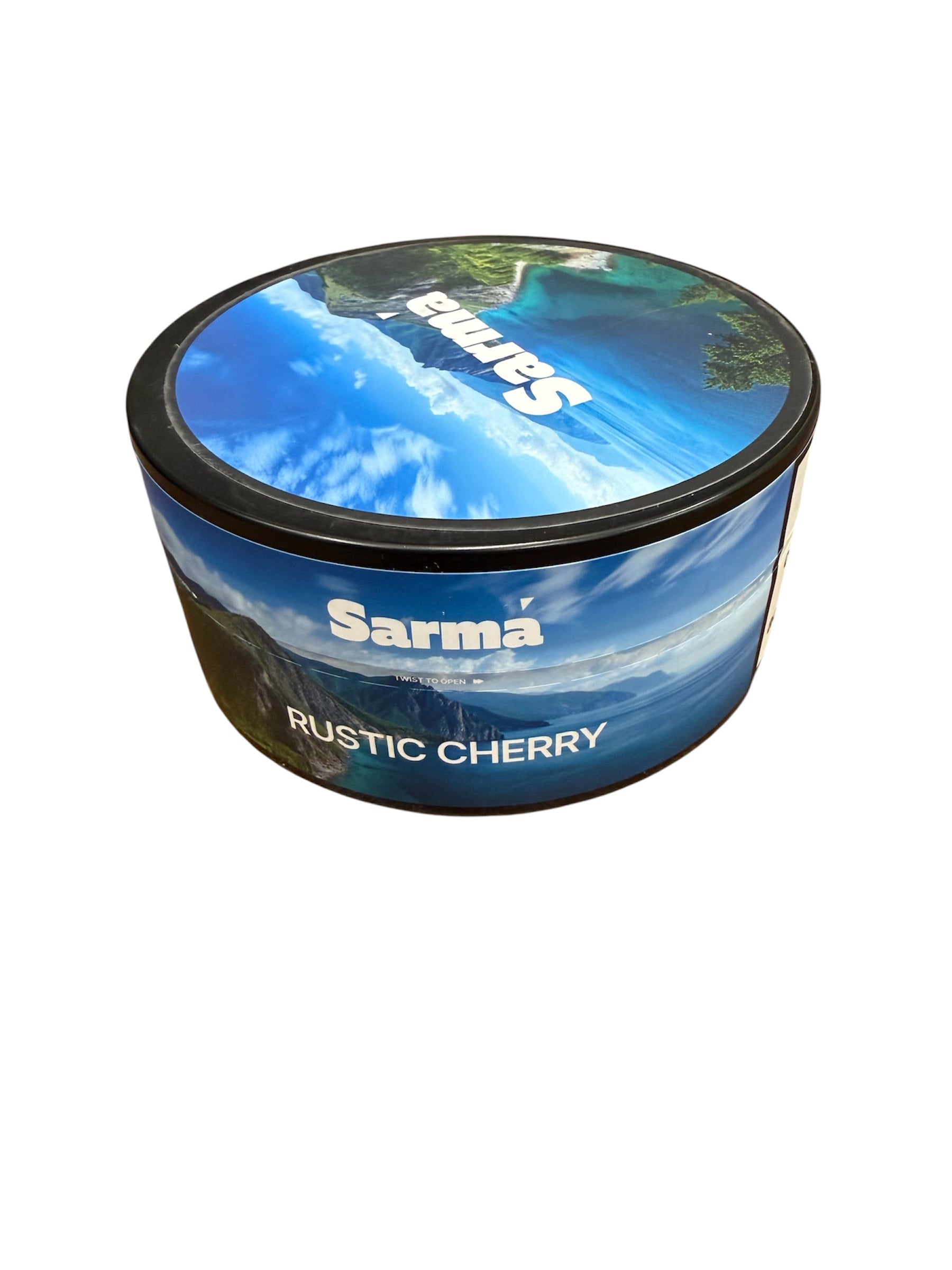 Sarma Rustic Cherry hookah tobacco can with blue scenic packaging on a white background