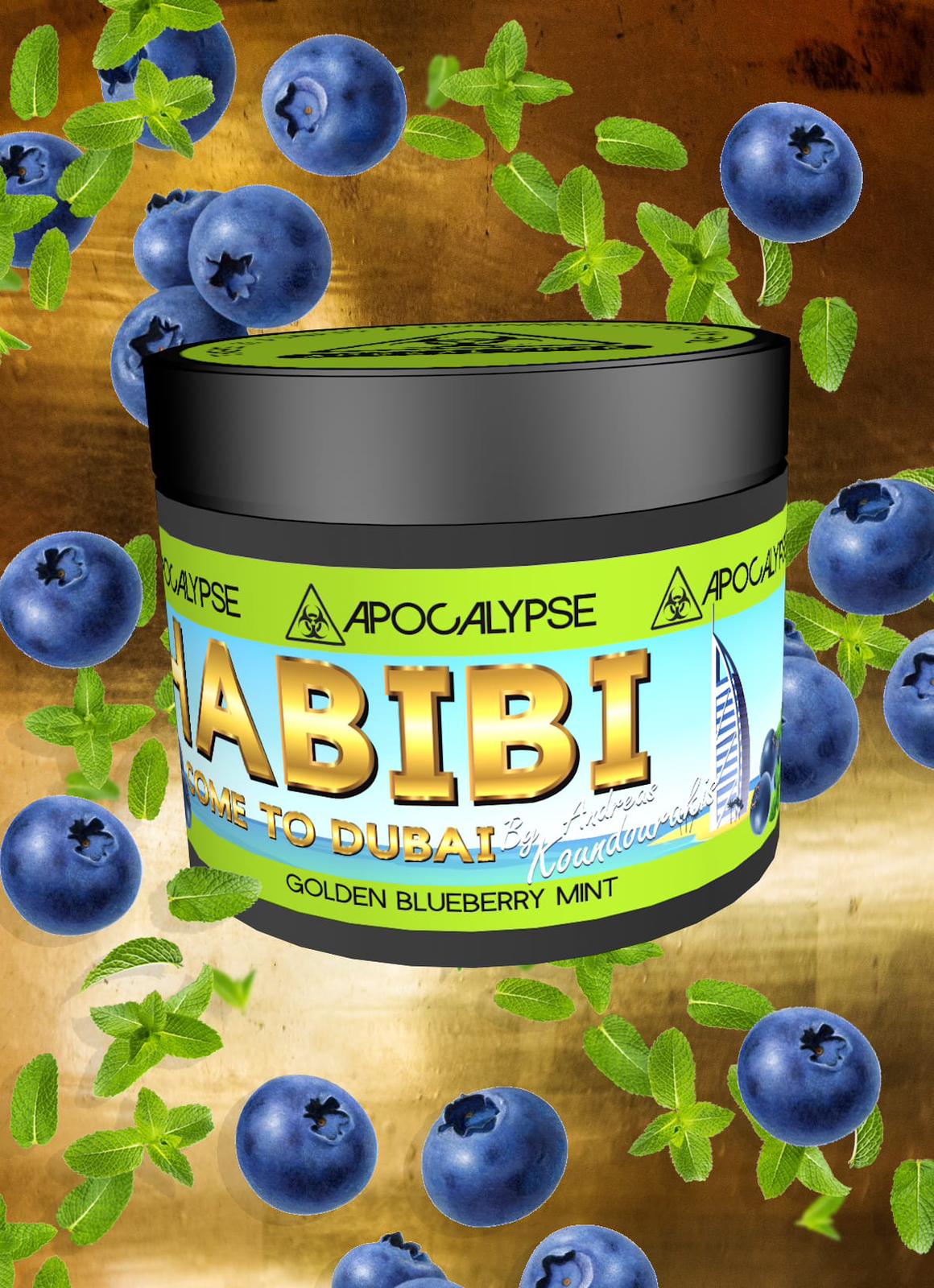 Apocalypse Habibi Golden Blueberry Mint Hookah Tobacco at Hookah Junkie