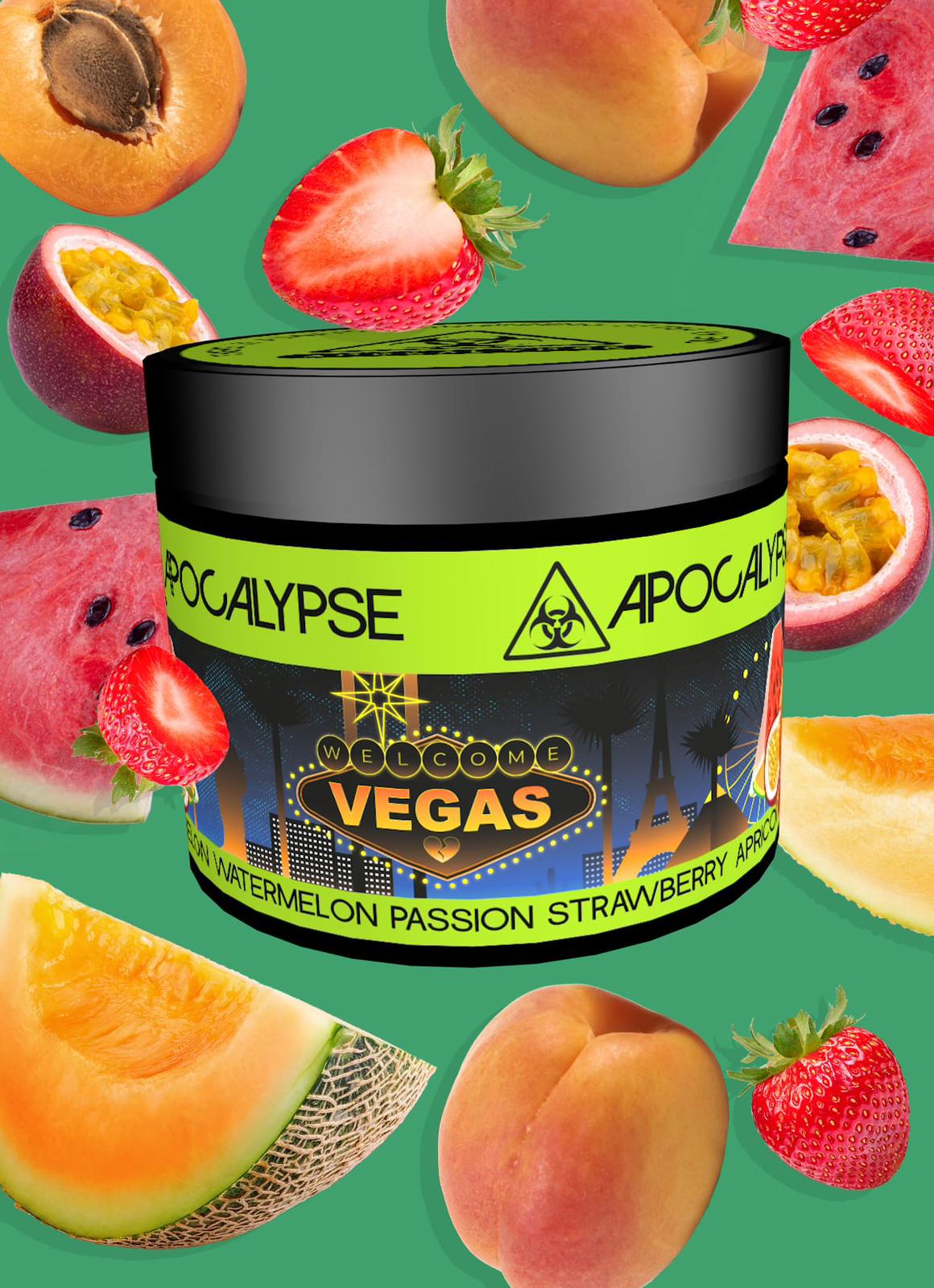 Apocalypse Welcome Vegas Watermelon Passion Strawberry Apricot hookah tobacco at HookahJunkie
