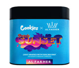 Cookies x Al Fakher Purple Sunset hookah tobacco with juicy grape flavor and cooling mint in vibrant blue packaging.