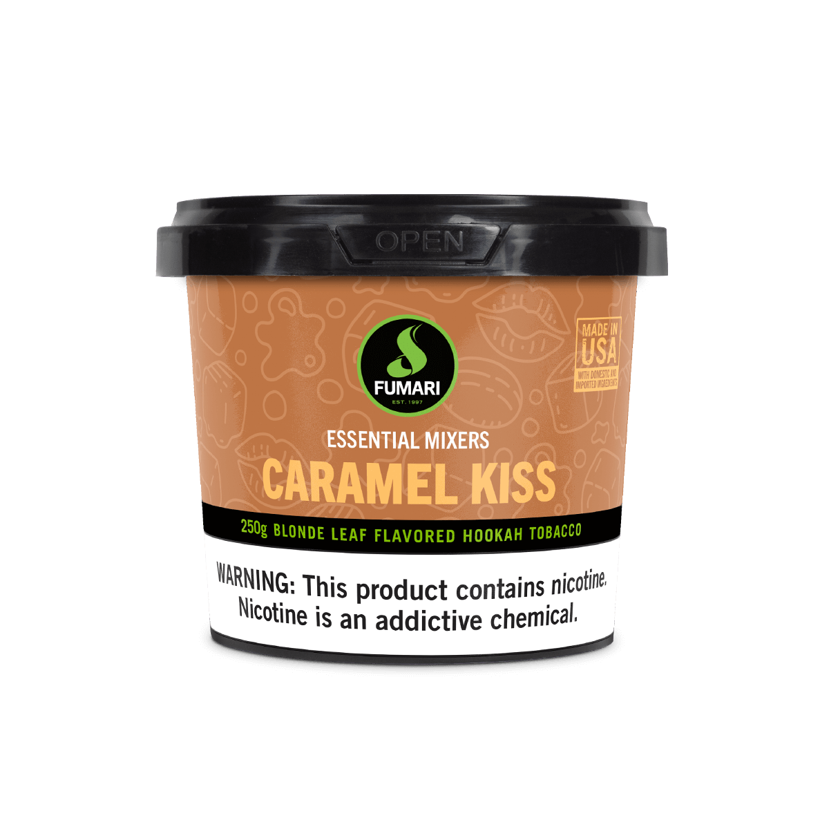 Fumari Caramel Kiss hookah tobacco, 250g blonde leaf shisha with smooth sweet caramel flavor
