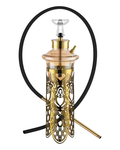 Golden Desert Cosmo hookah with gold metal body and glass base, modern premium hookah design