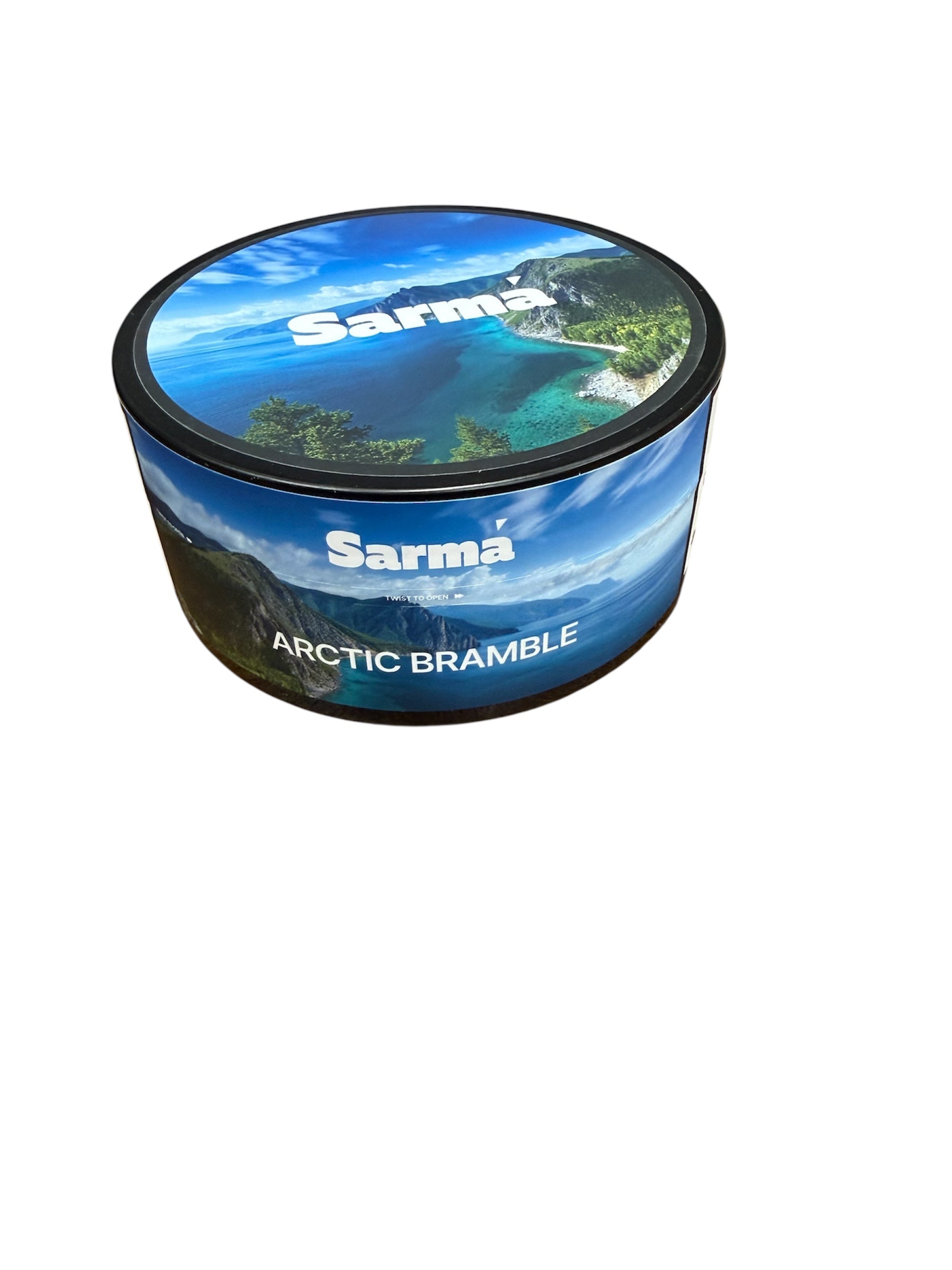 Sarma Arctic Bramble hookah tobacco can with blue scenic packaging on a white background