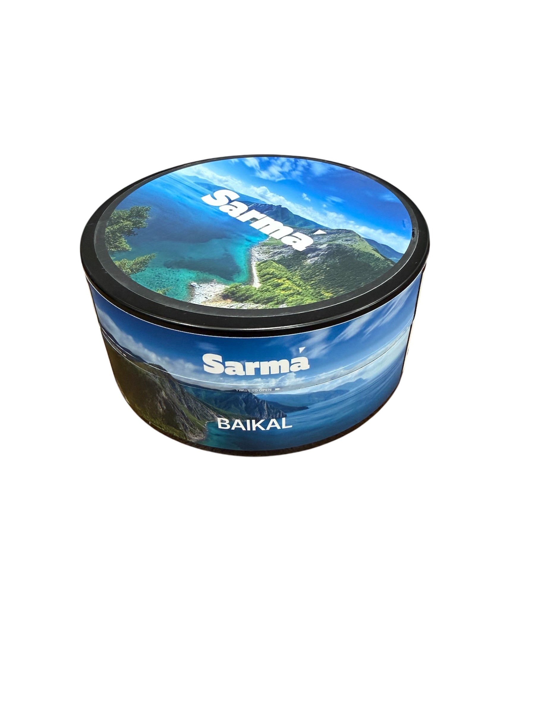Sarma Baikal hookah tobacco can with blue scenic packaging on a white background