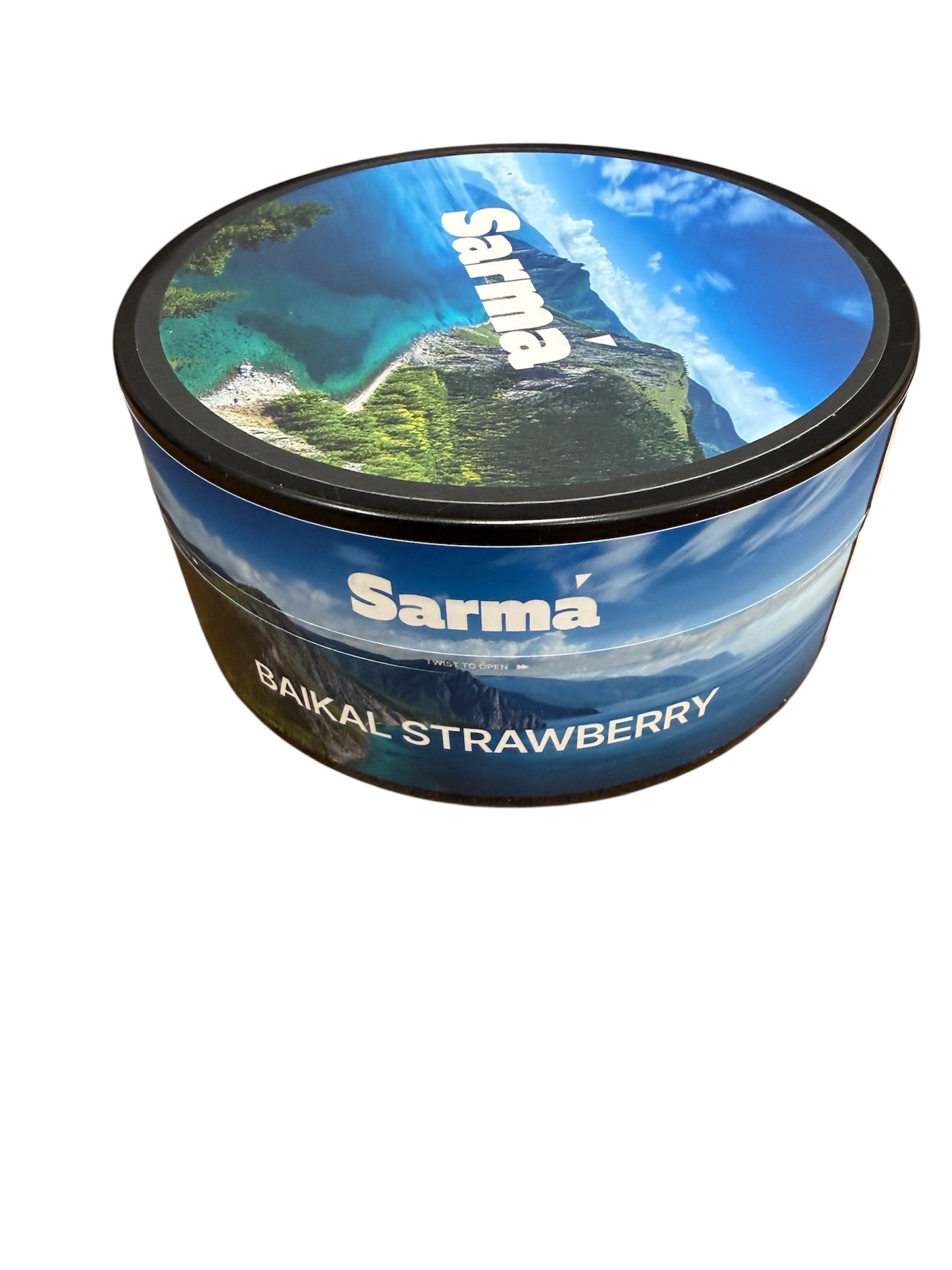 Sarma Baikal Strawberry hookah tobacco can with blue scenic label on a white background