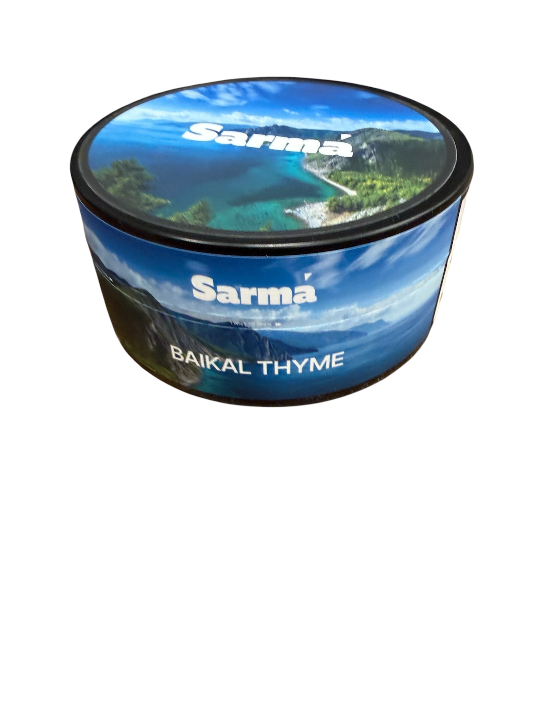 Sarma Baikal Thyme hookah tobacco can with blue scenic packaging on a white background