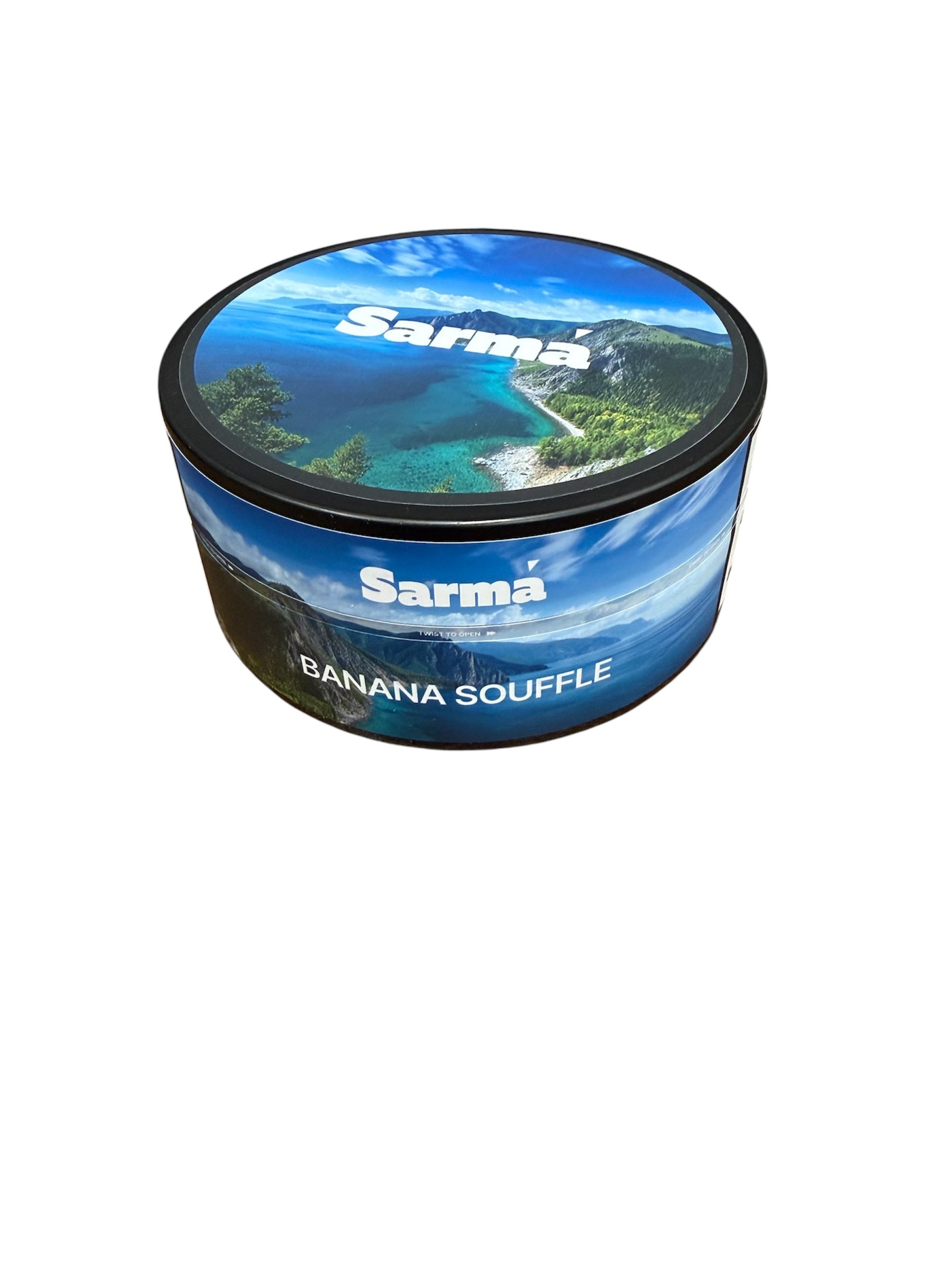 Sarma Banana Souffle hookah tobacco can with blue scenic packaging on a white background