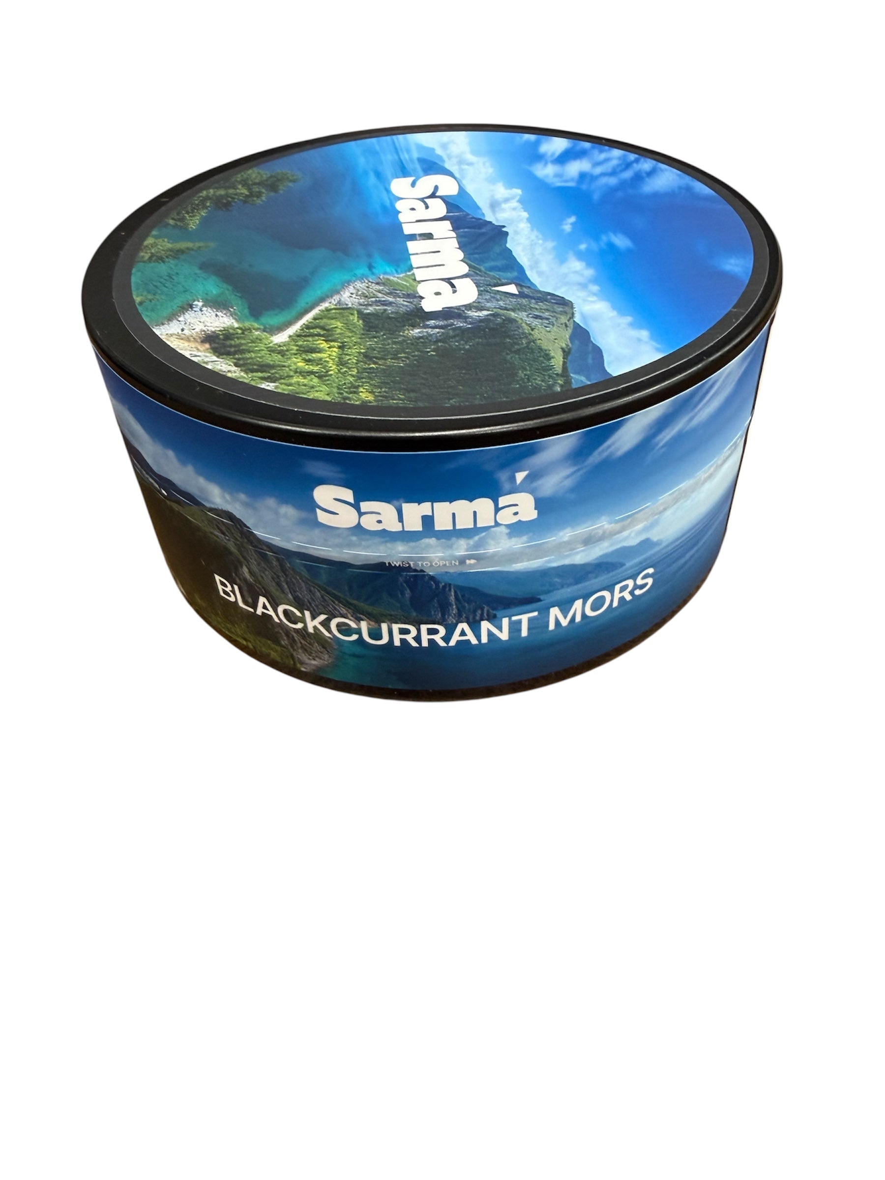 Sarma Blackcurrant Mors hookah tobacco can with blue scenic packaging on a white background