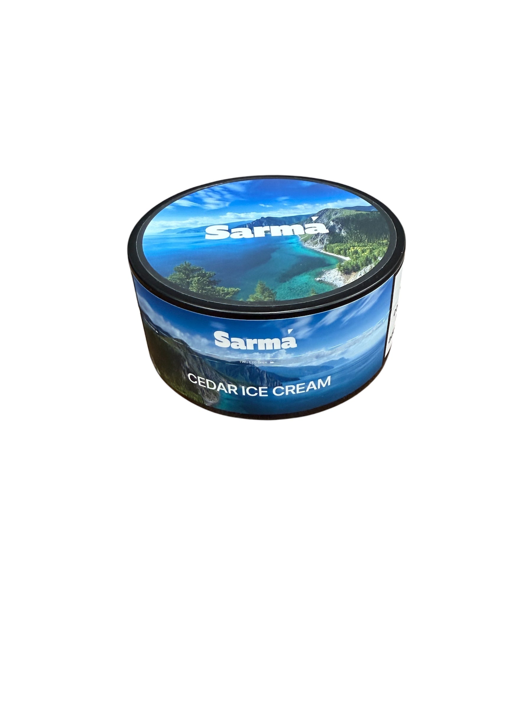 Sarma Cedar Ice Cream hookah tobacco can with blue scenic packaging on a white background