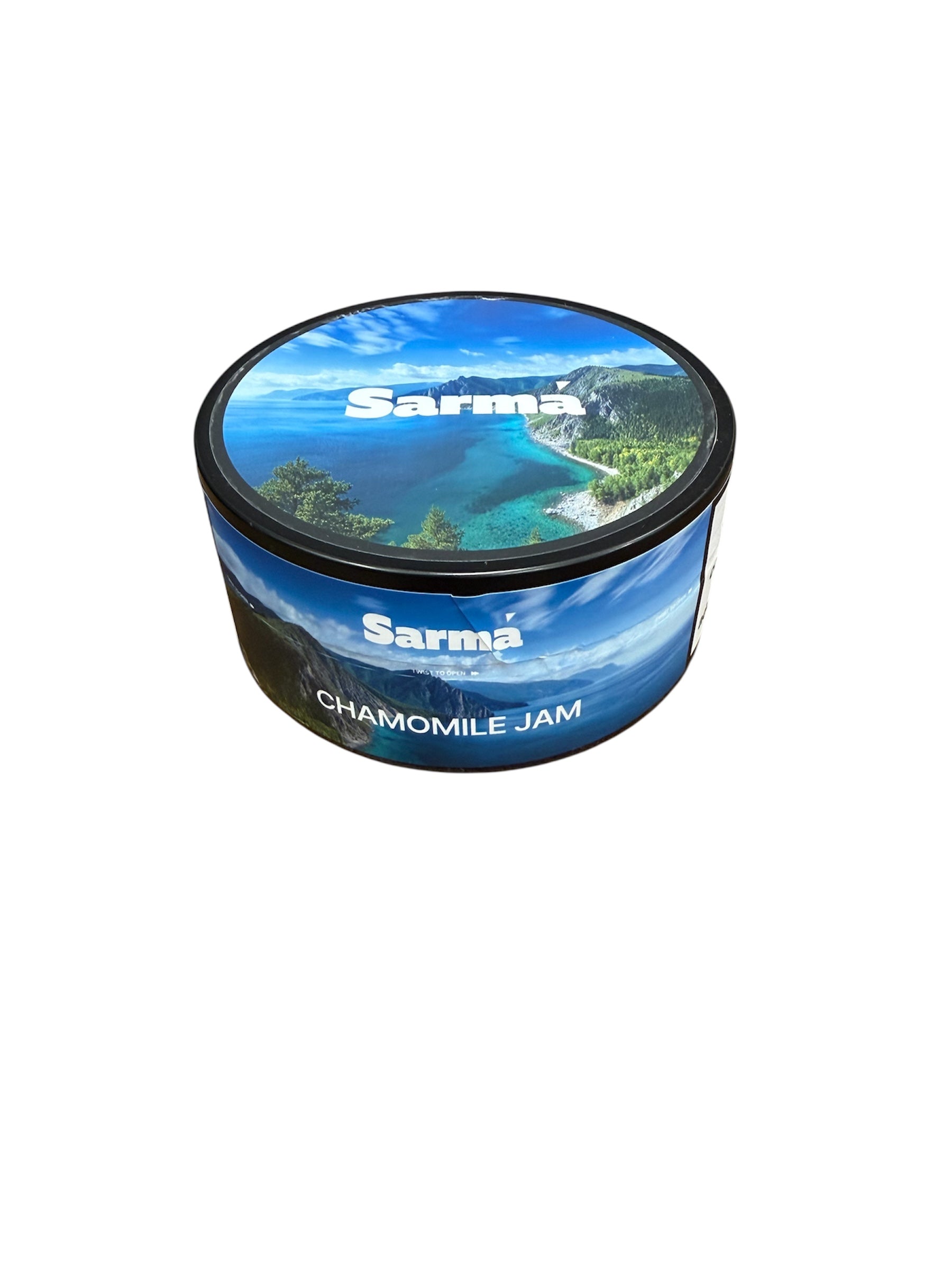 Sarma Chamomile Jam hookah tobacco can with blue scenic packaging on a white background