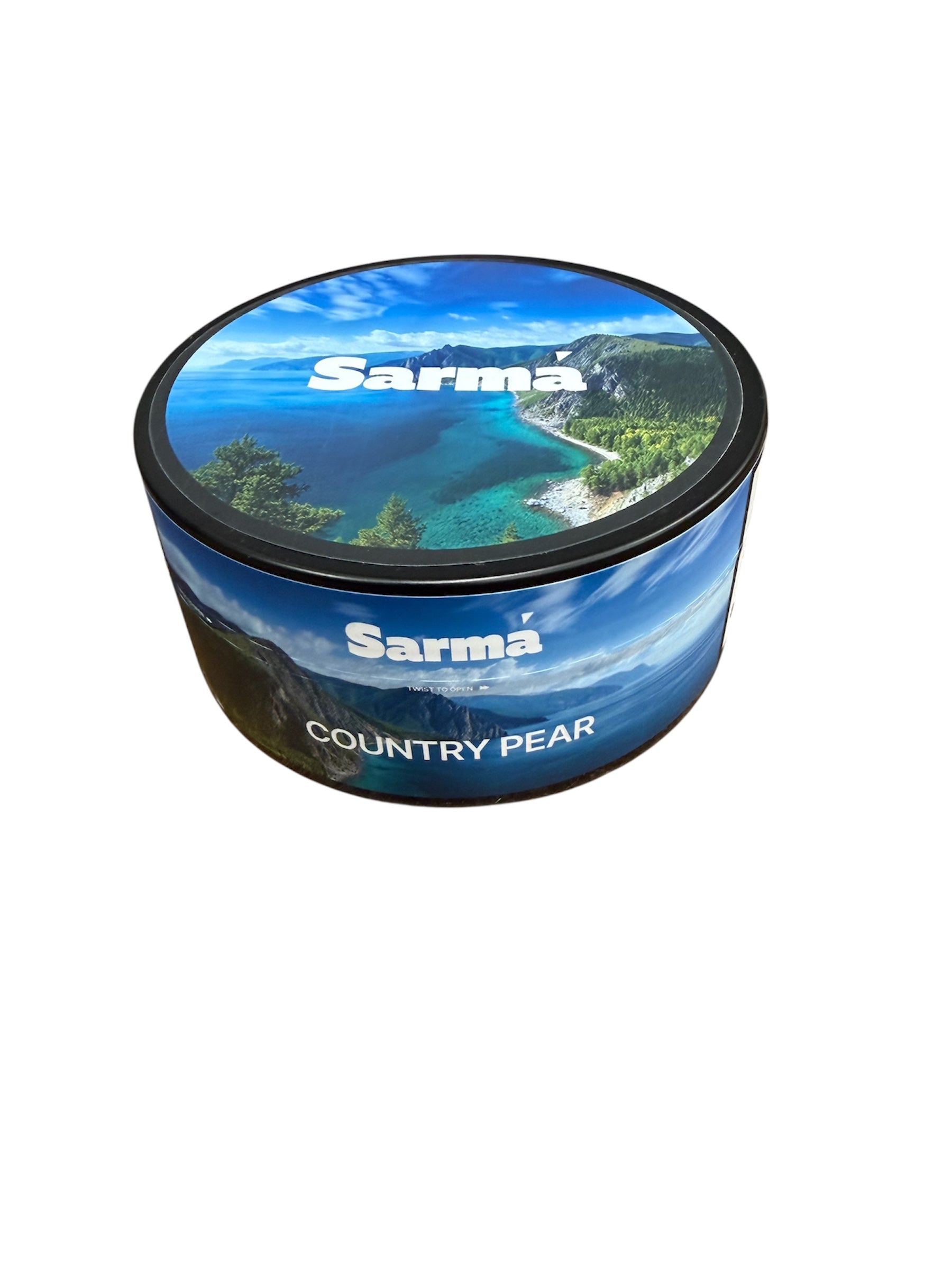 Sarma Country Pear hookah tobacco can with blue scenic label on a white background