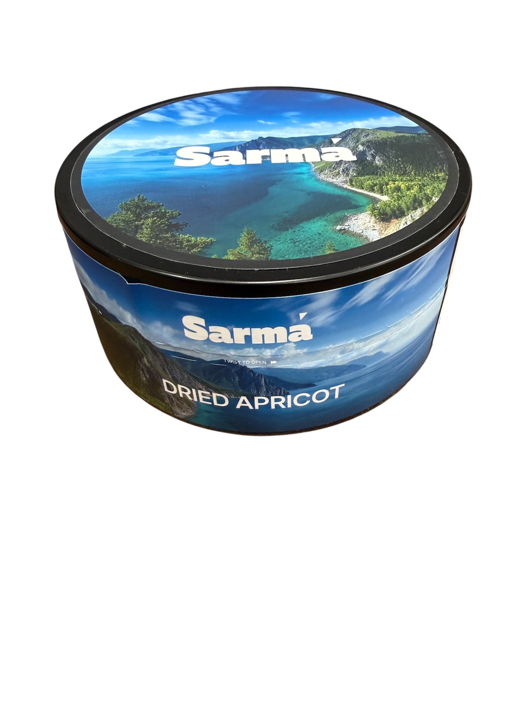 Sarma Dried Apricot hookah tobacco can with blue scenic packaging on a white background