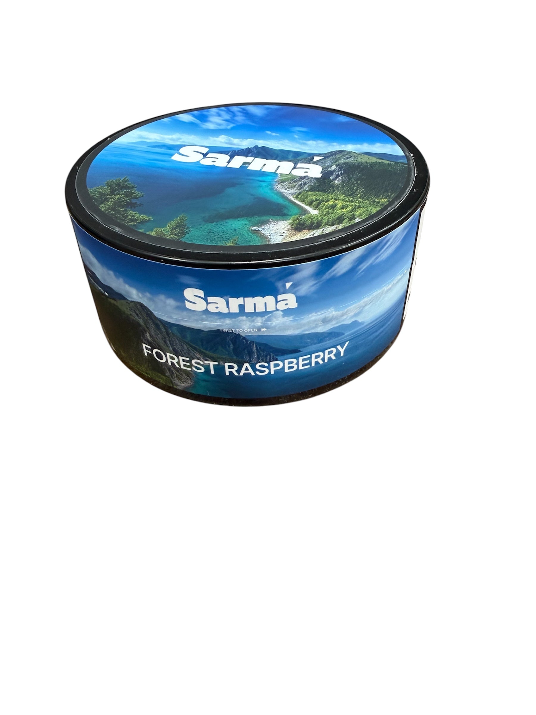 Sarma Forest Raspberry hookah tobacco can with blue scenic label on a white background