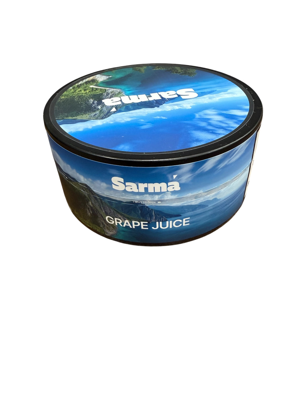 Sarma Grape Juice hookah tobacco can with blue scenic label on a white background