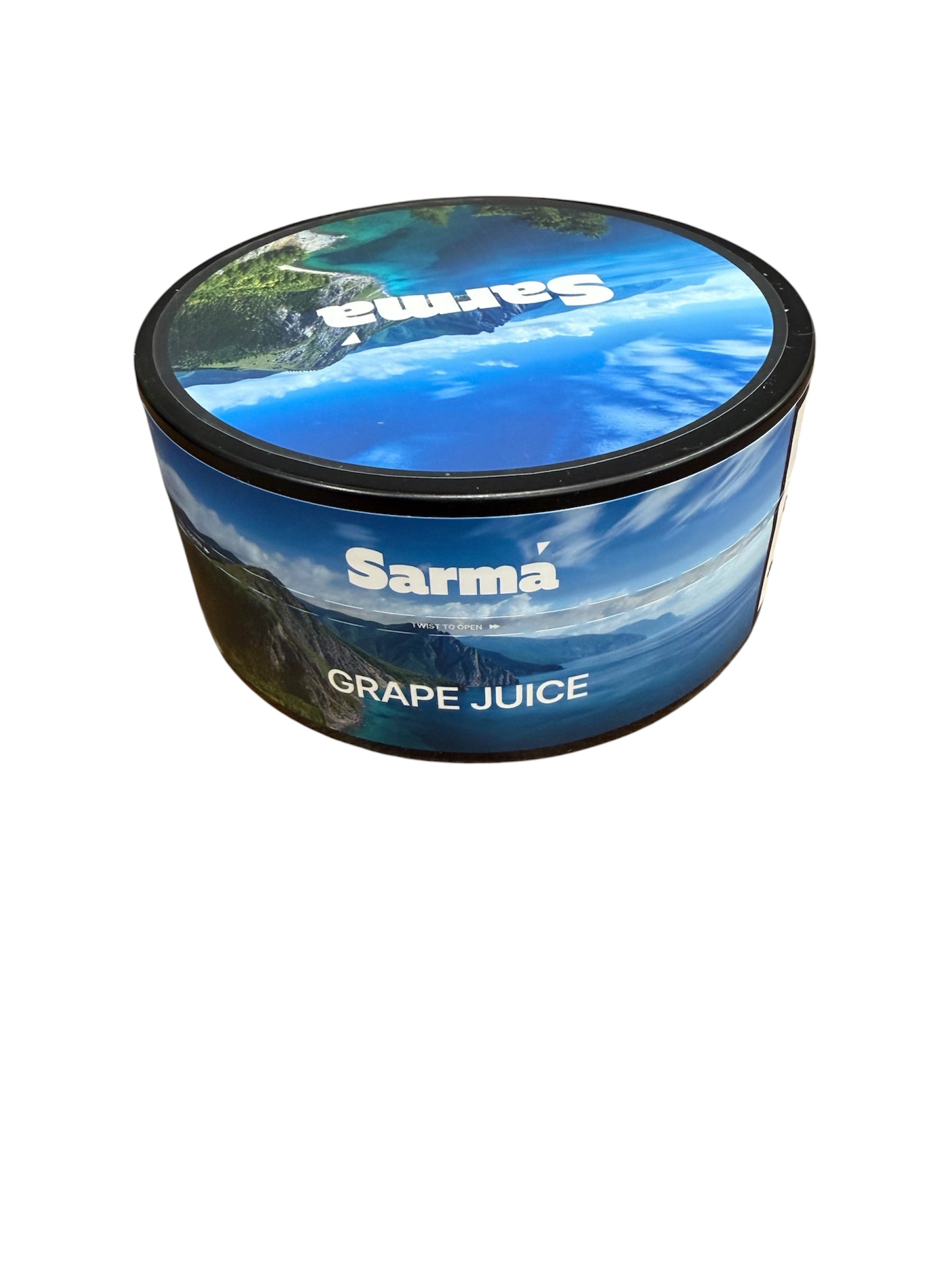 Sarma Grape Juice hookah tobacco can with blue scenic label on a white background