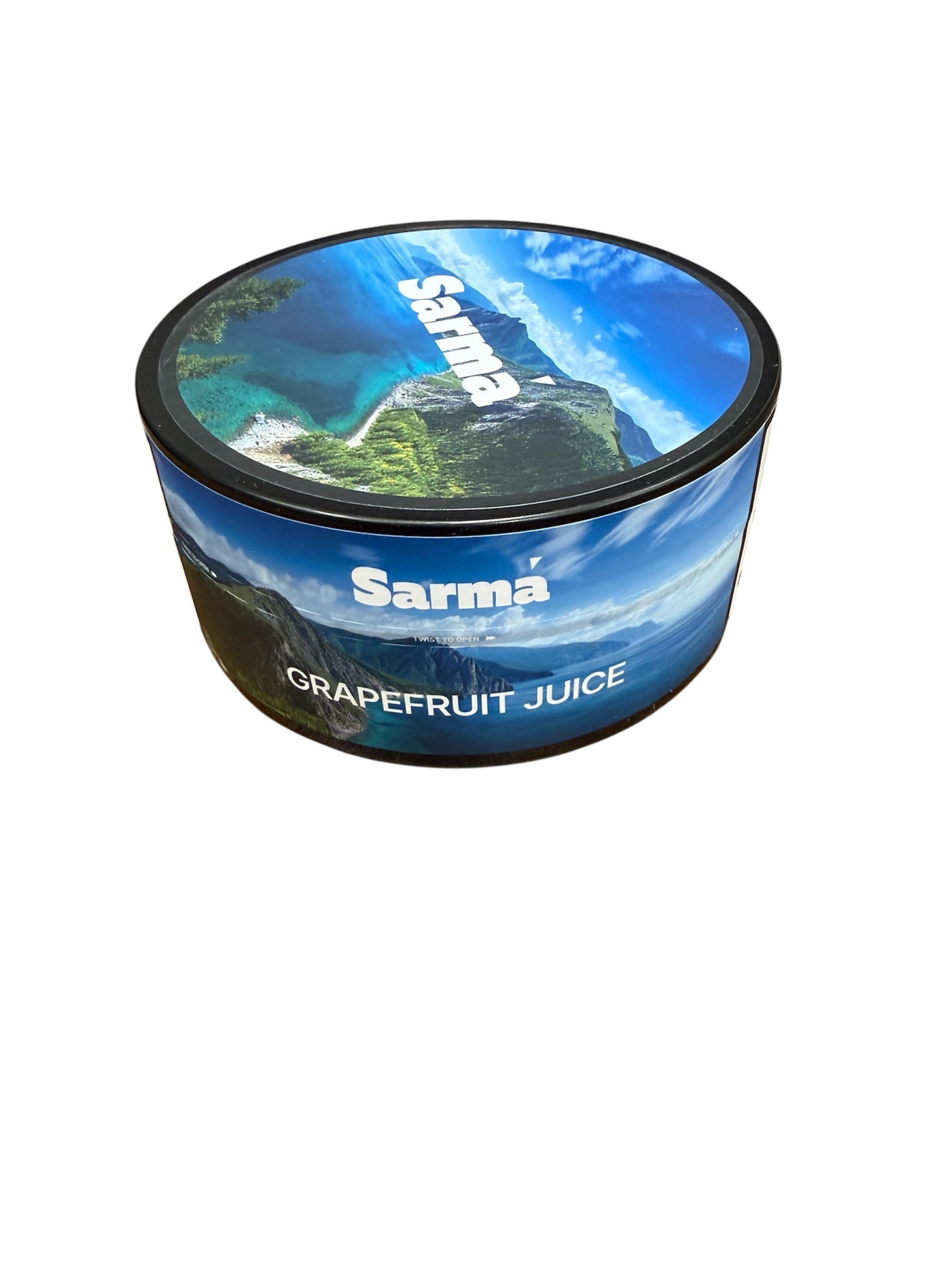 Sarma Grapefruit Juice hookah tobacco can with blue scenic packaging on a white background