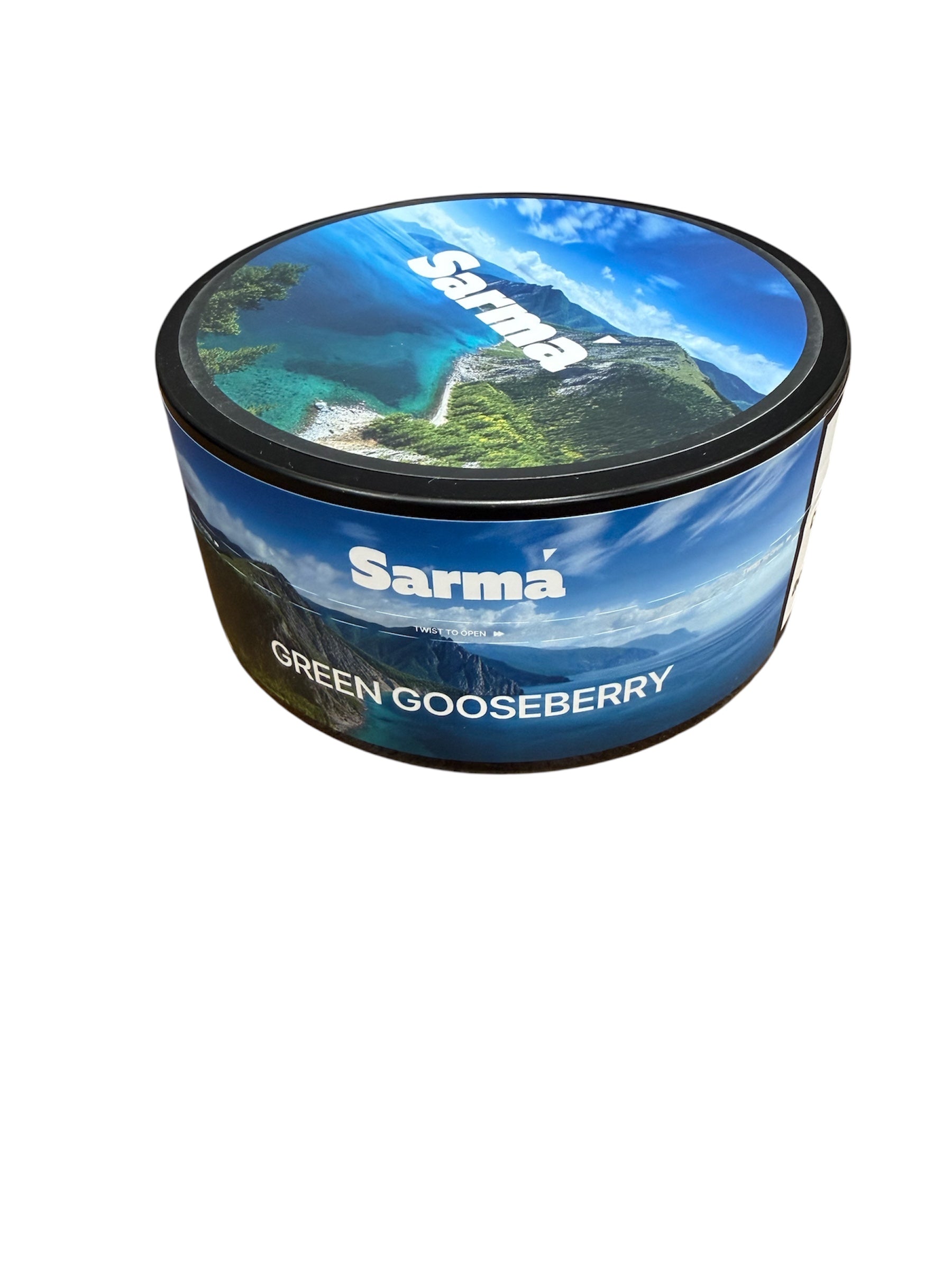 Sarma Green Gooseberry hookah tobacco can with blue scenic packaging on a white background