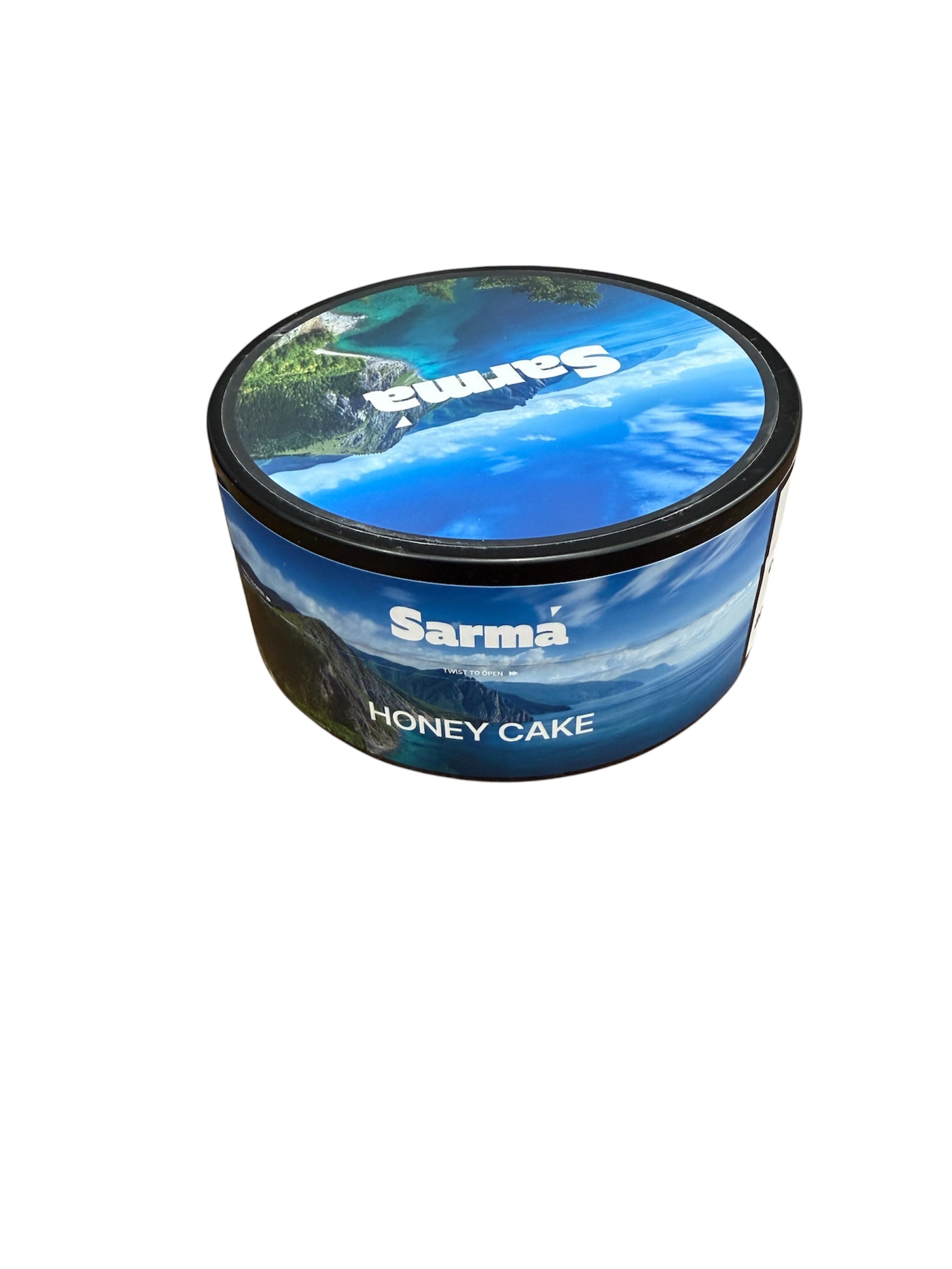 Sarma Honey Cake hookah tobacco can with blue scenic packaging on a white background