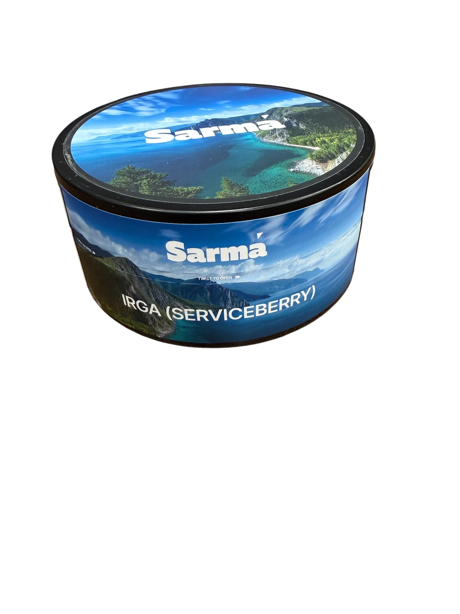 Sarma Irga (Serviceberry) hookah tobacco can with blue scenic packaging on a white background