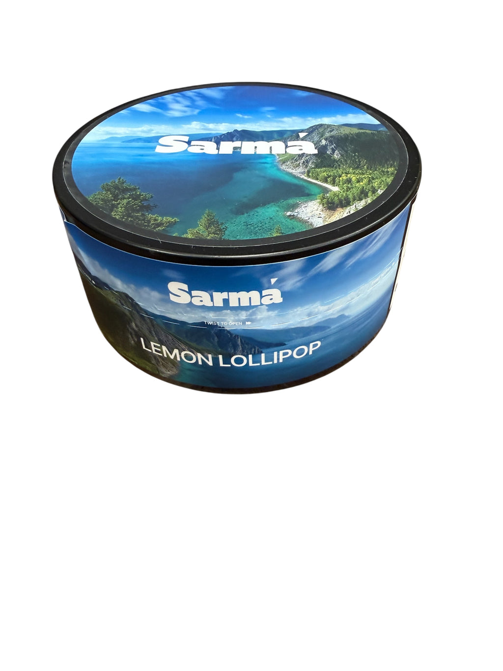 Sarma Lemon Lollipop hookah tobacco can with blue scenic packaging on a white background