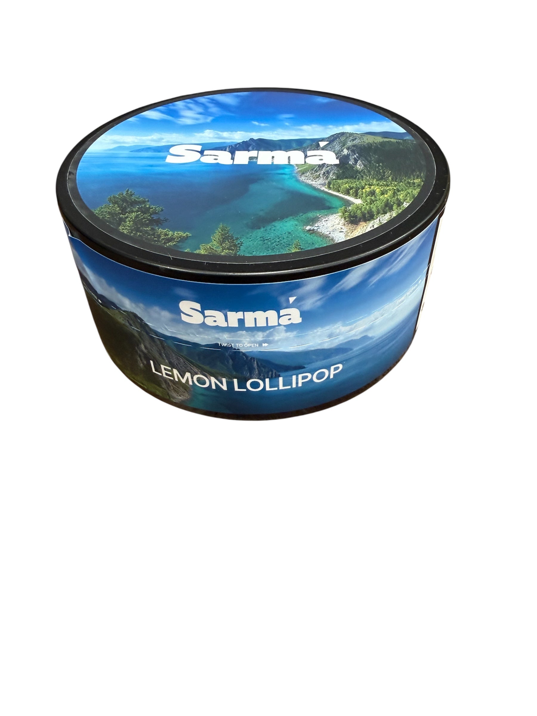 Sarma Lemon Lollipop hookah tobacco can with blue scenic packaging on a white background