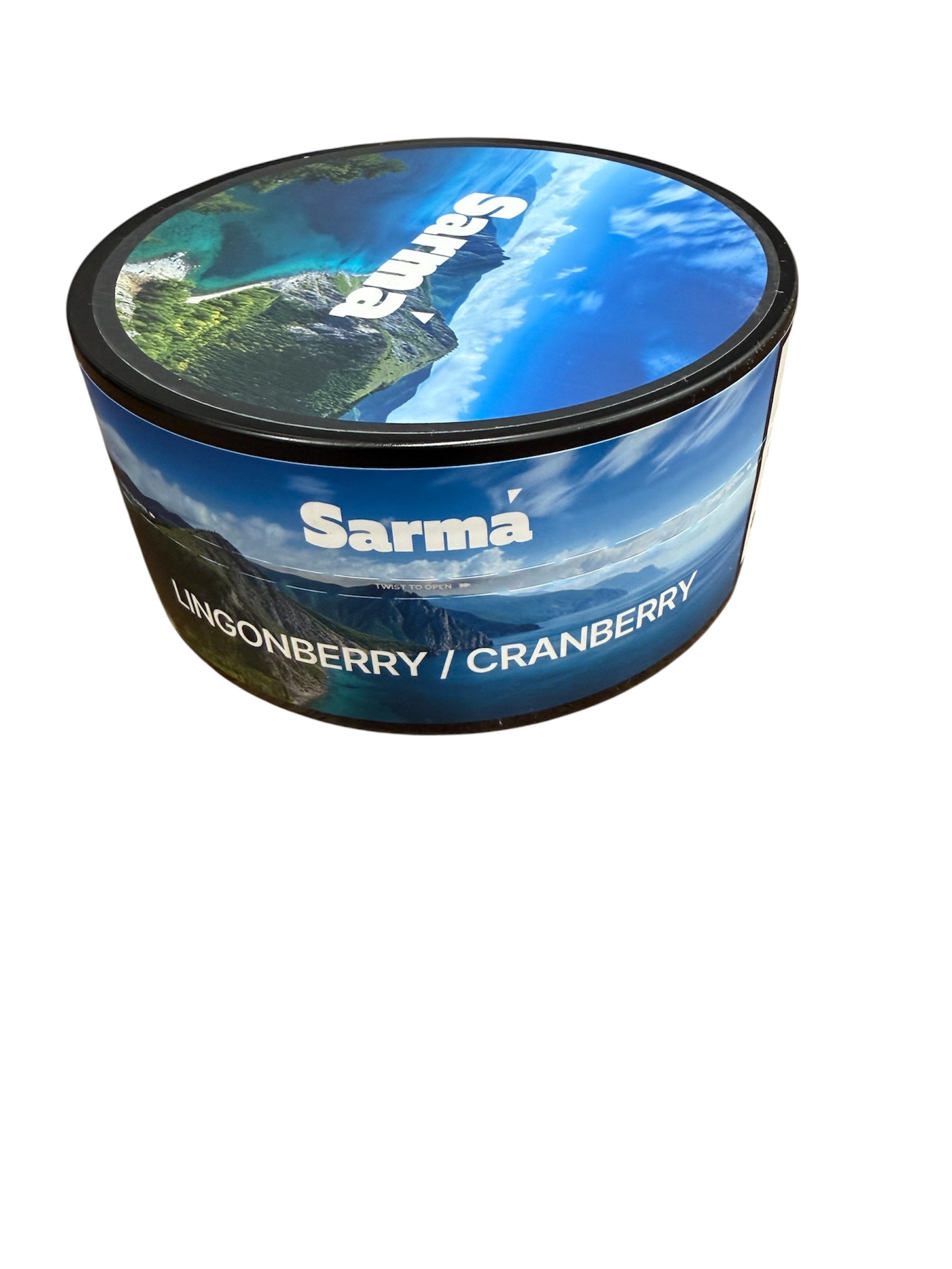Sarma Lingonberry Cranberry hookah tobacco can with blue scenic label on a white background
