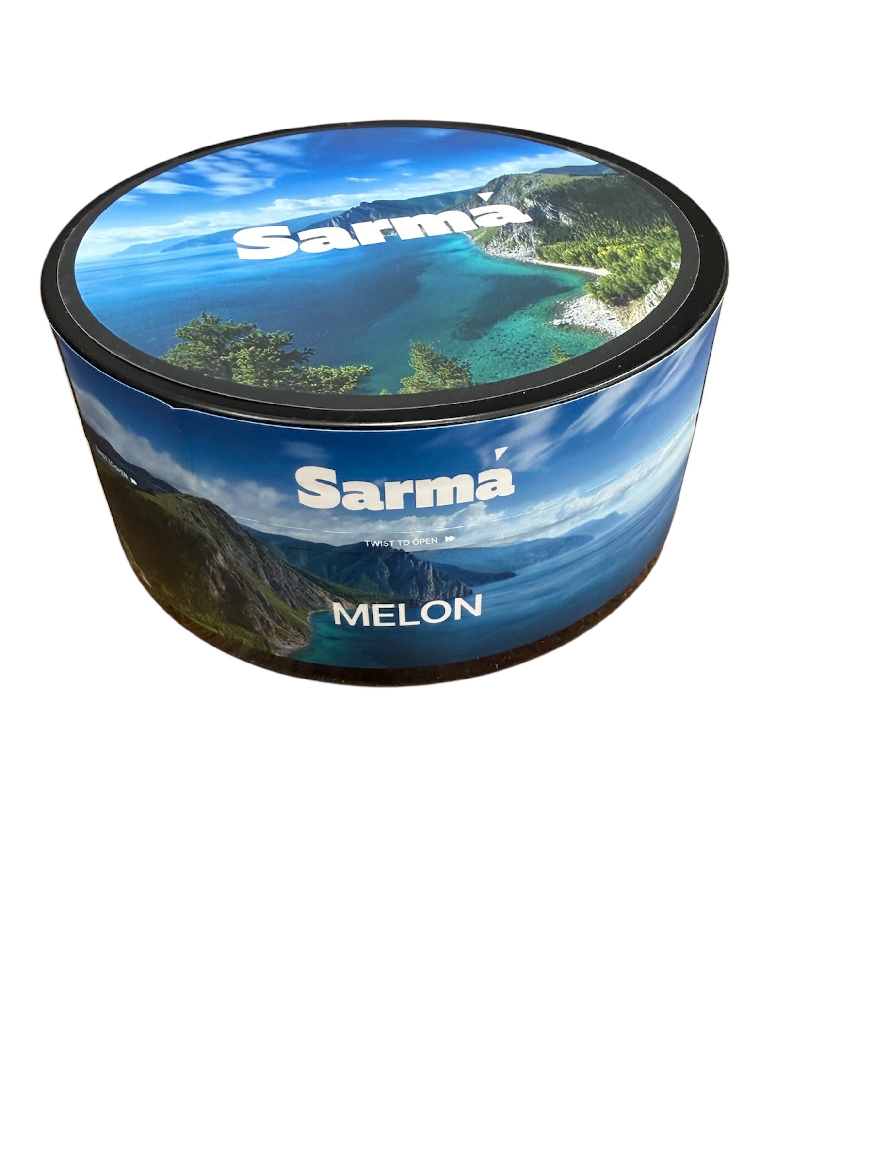 Sarma Melon hookah tobacco can with blue scenic label on a white background