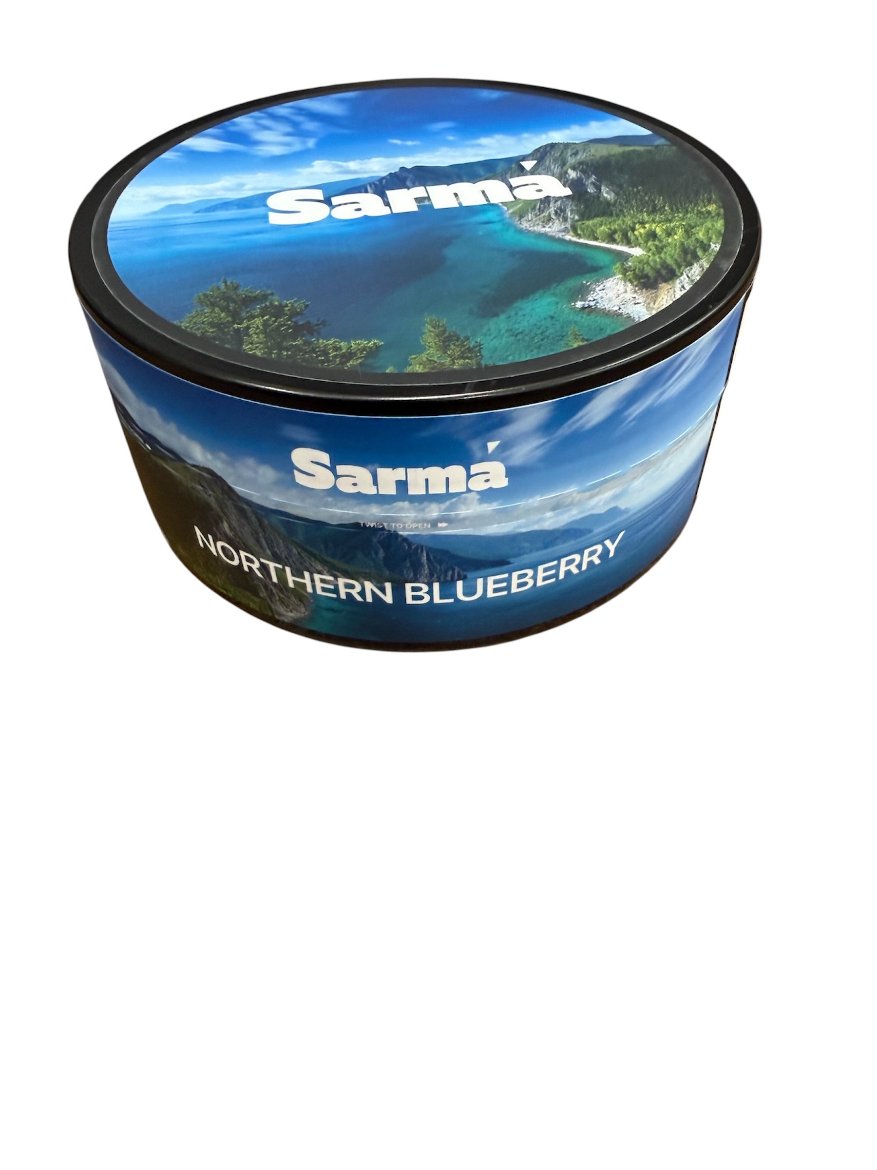 Sarma Northern Blueberry hookah tobacco can with blue scenic packaging on a white background