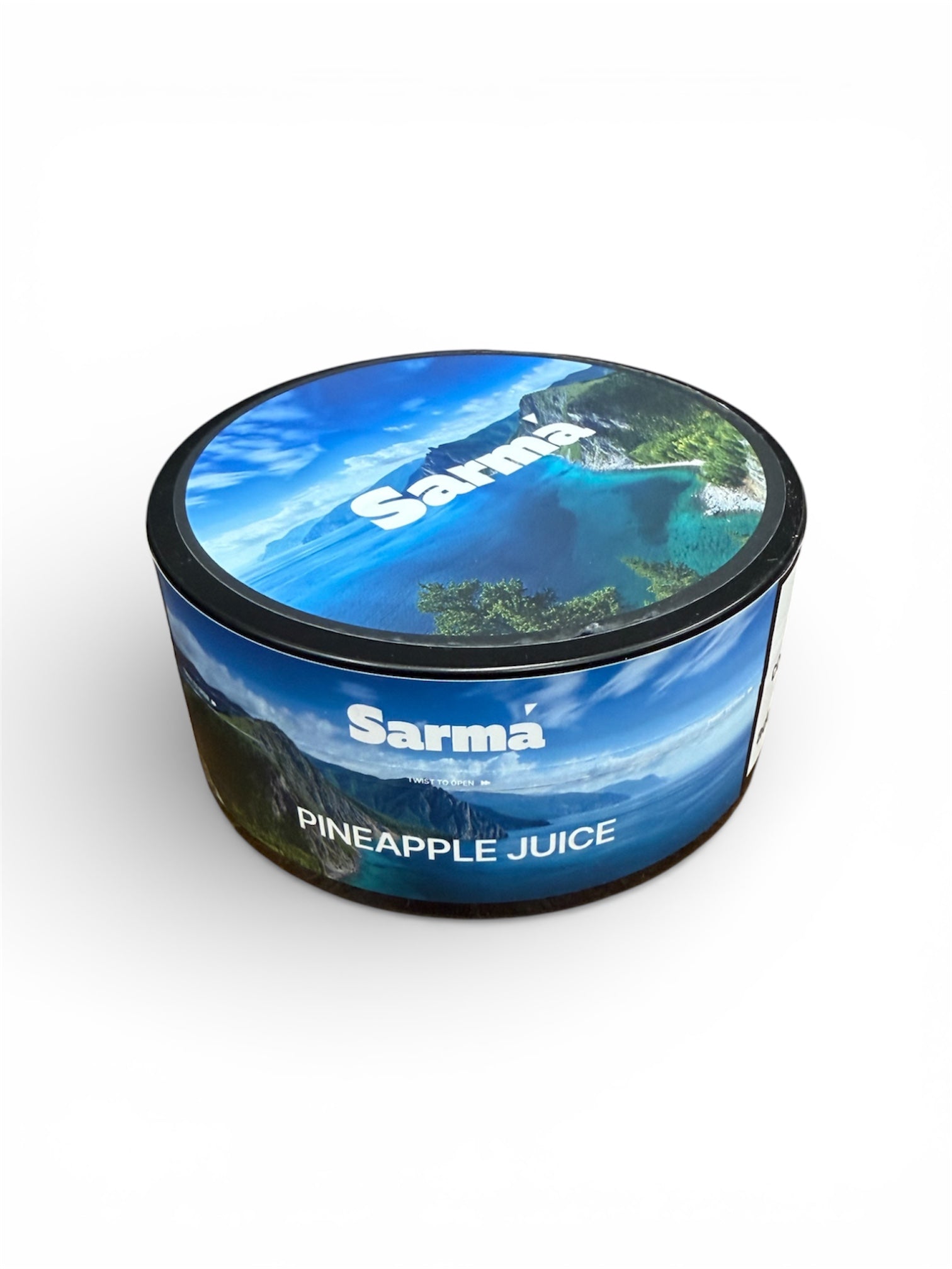 Sarma Pineapple Juice hookah tobacco can with blue scenic packaging on a white background
