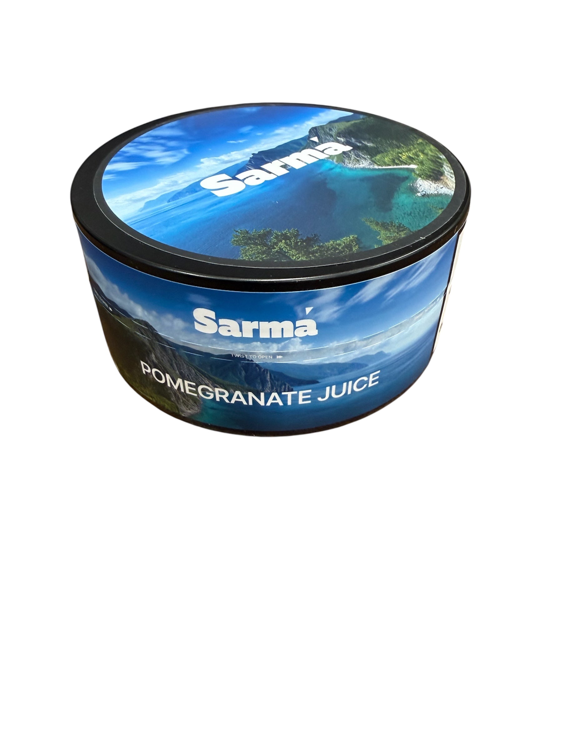 Sarma Pomegranate Juice hookah tobacco can with blue scenic packaging on a white background