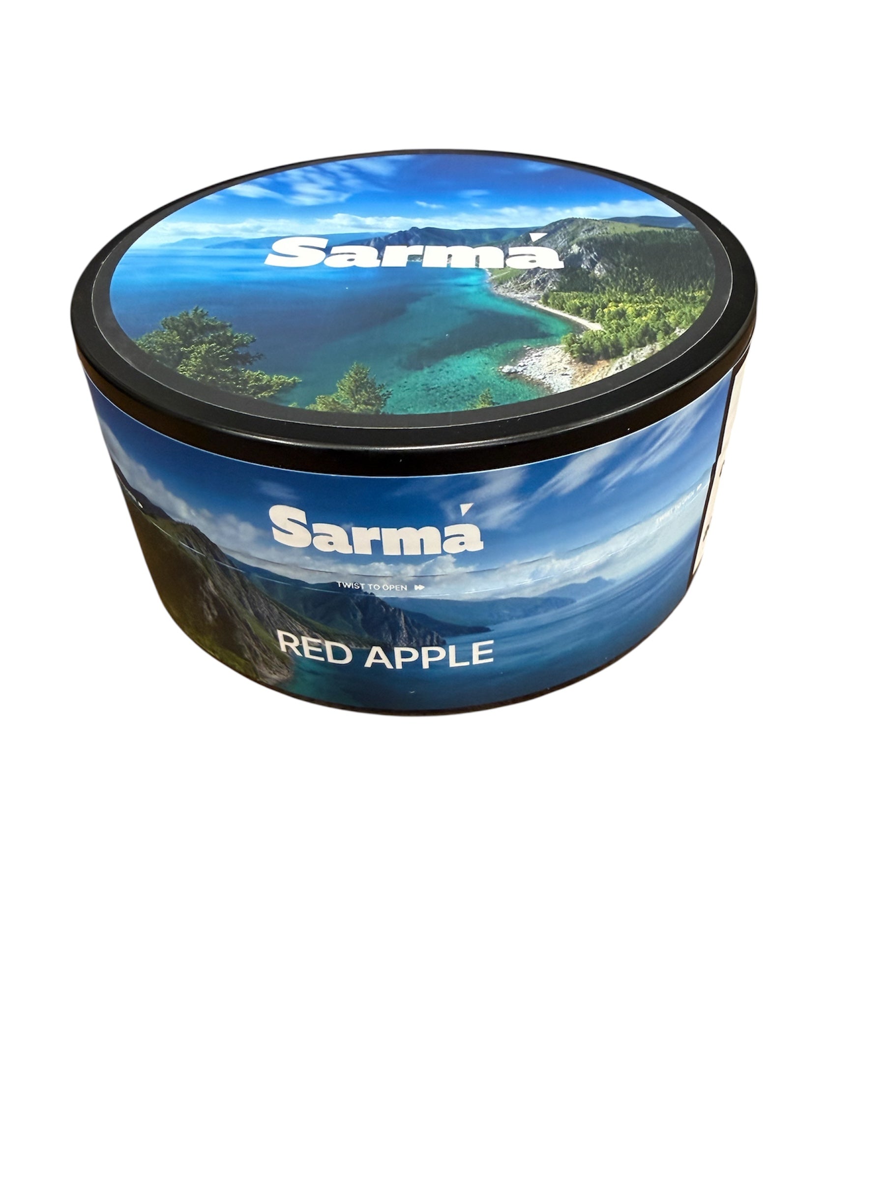 Sarma Red Apple hookah tobacco can with blue scenic label on a white background