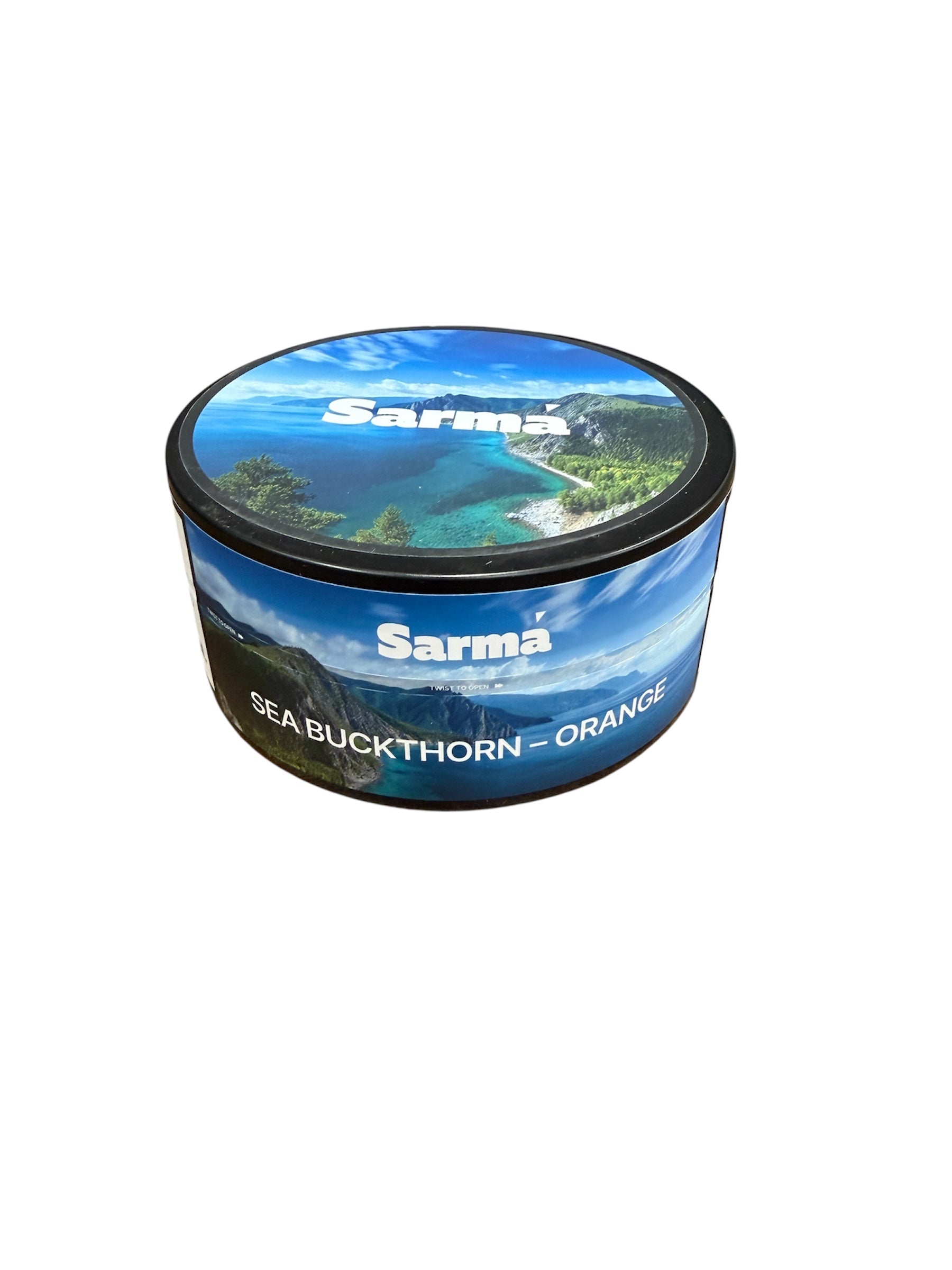 Sarma Sea Buckthorn Orange hookah tobacco can featuring blue coastal packaging on a white background